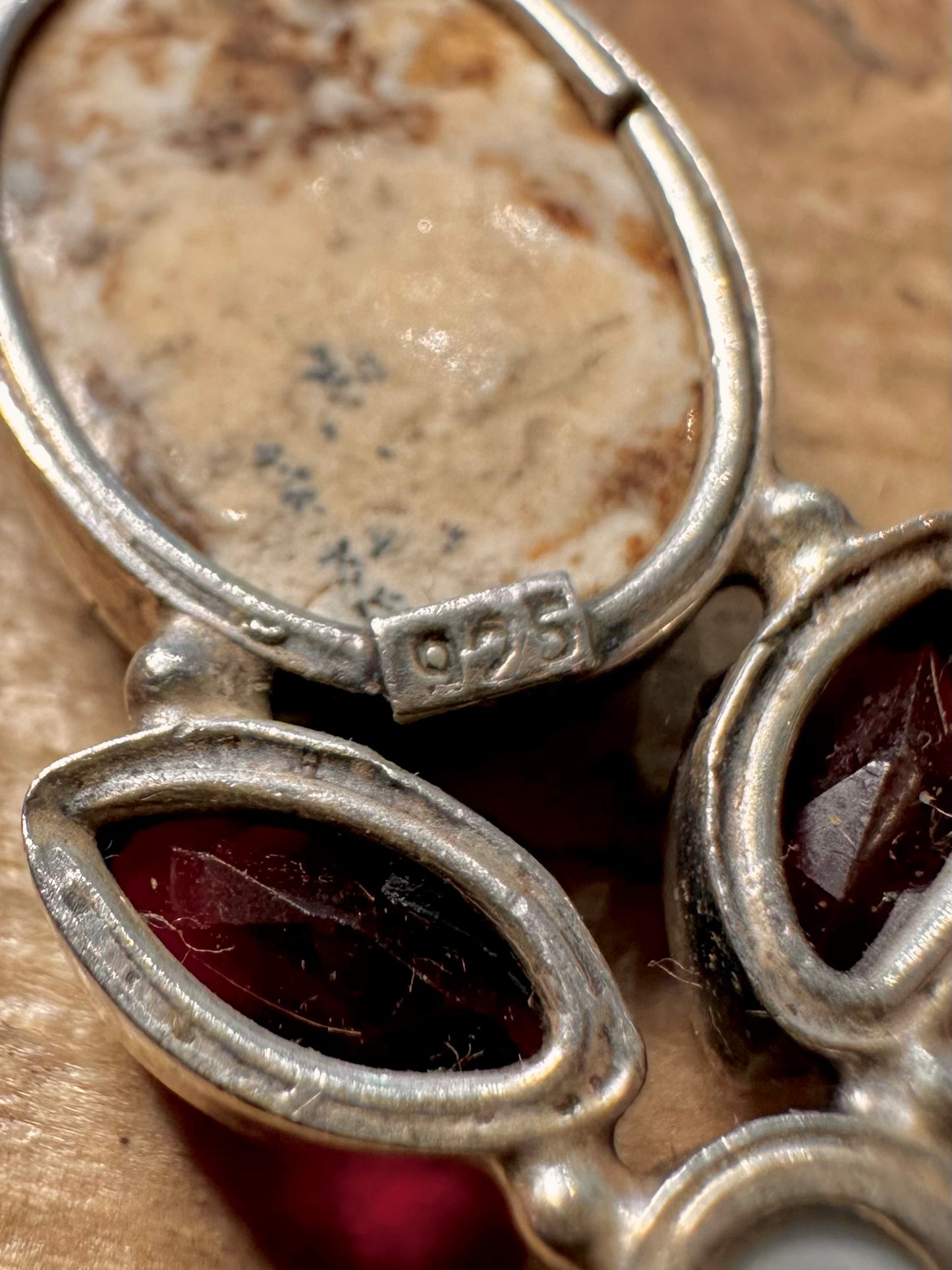 Vintage Agate Garnet and Pearl 925 Silver Pendant