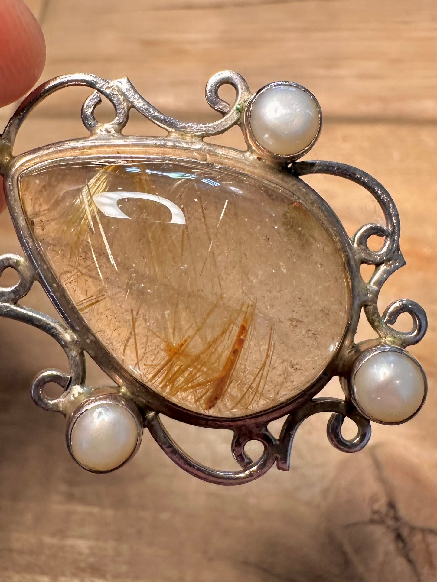 Vintage Golden Rutile Quarts and Pearl 925 Silver Pendant