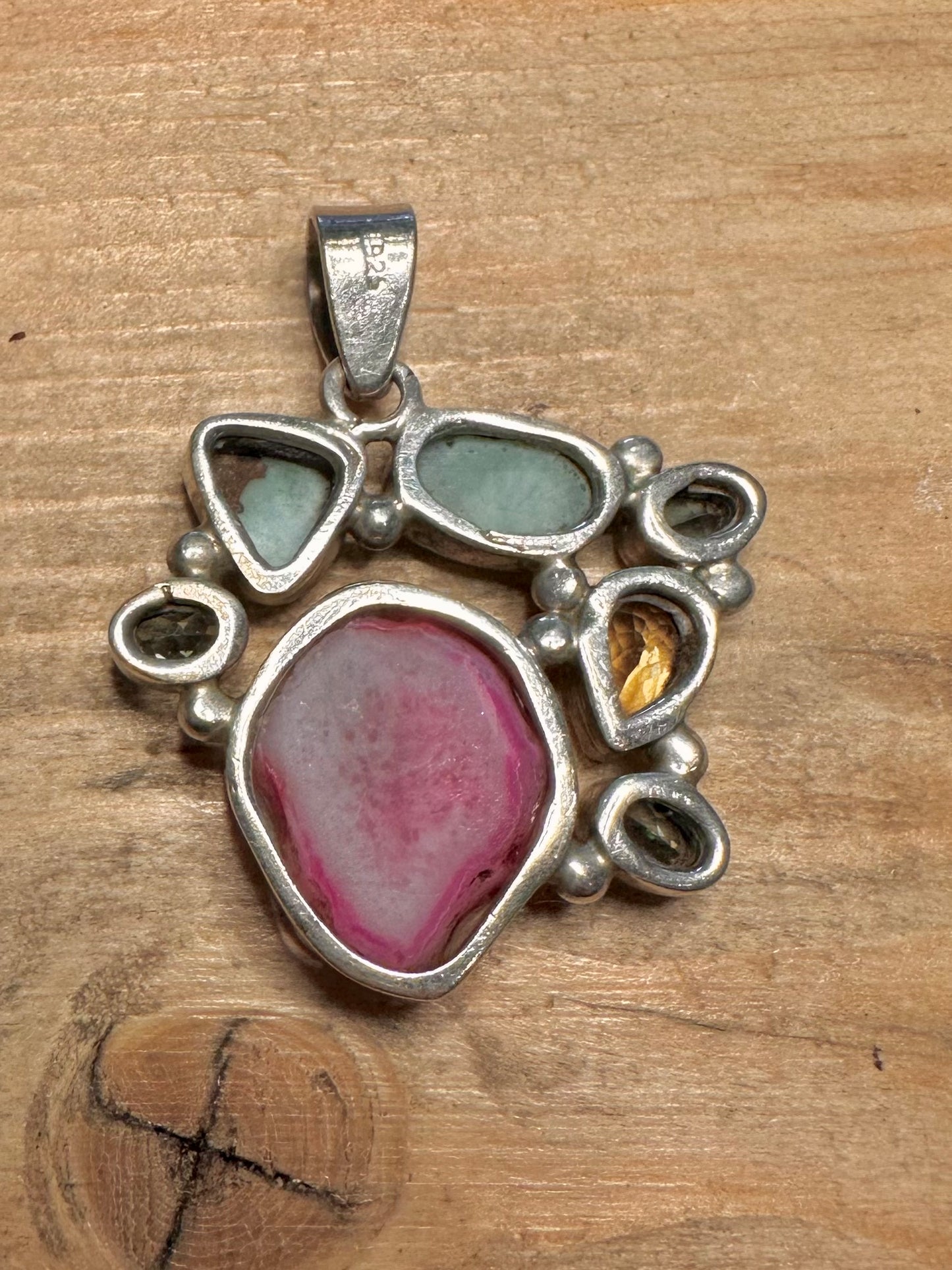 Abstract Druzy Larimar Citrine Mystic Topaz 925 Silver Pendant