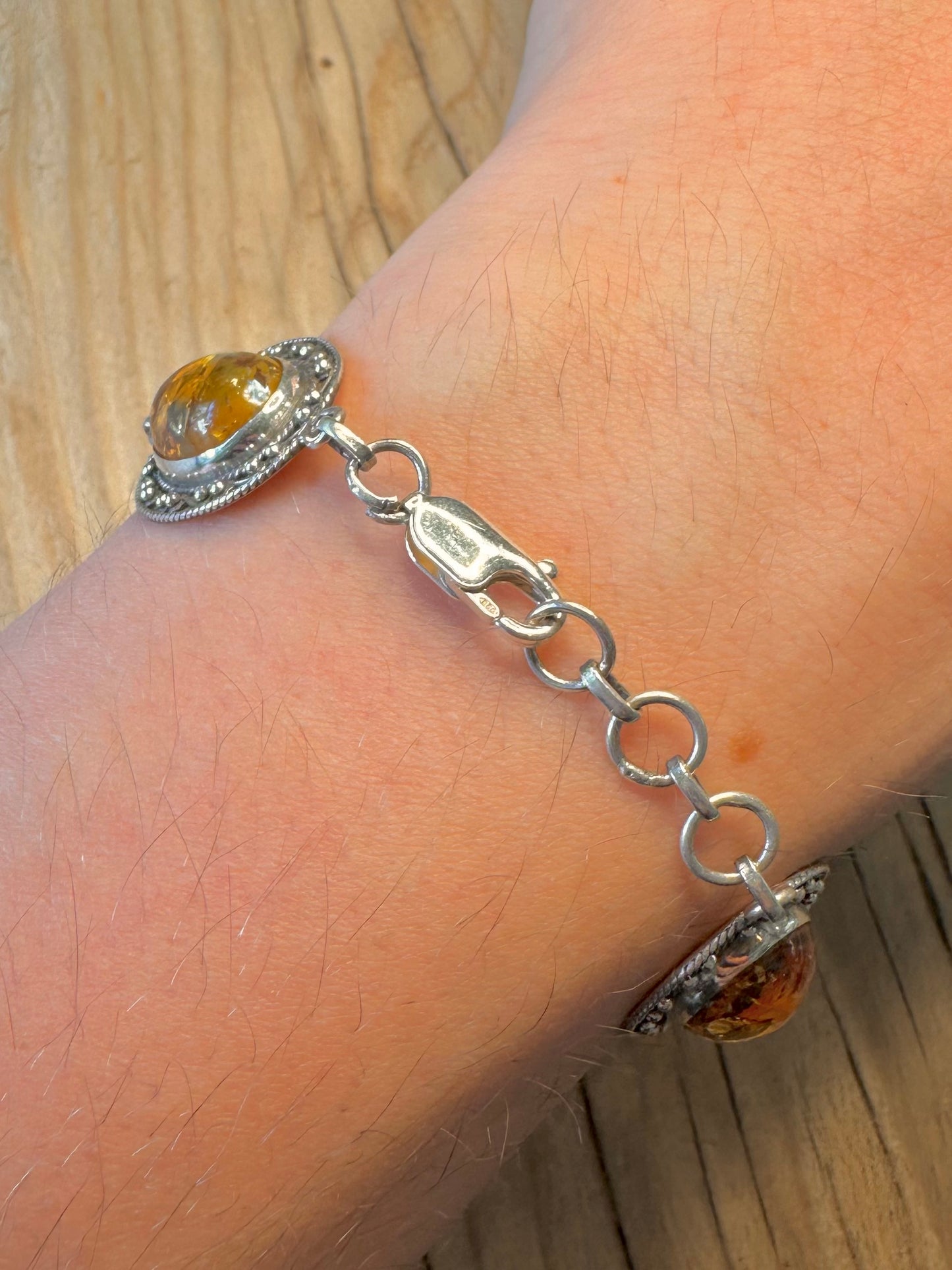 Vintage Ornate Amber Style 925 Silver 7 to 7.8 inch Bracelet