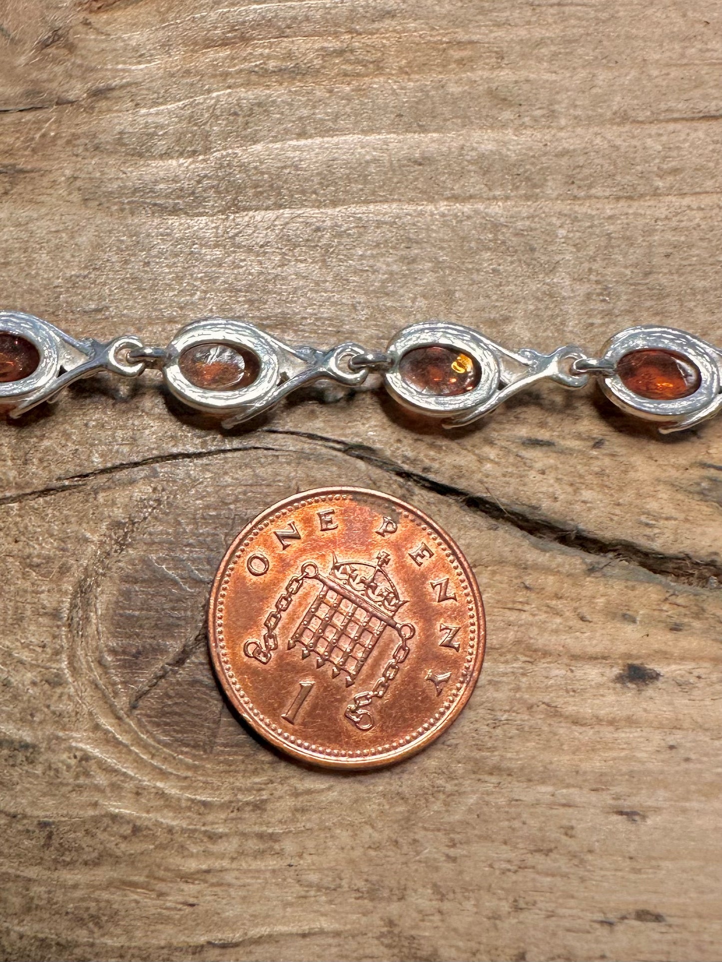 Vintage Unique Amber Link 925 Silver 7 inch Bracelet