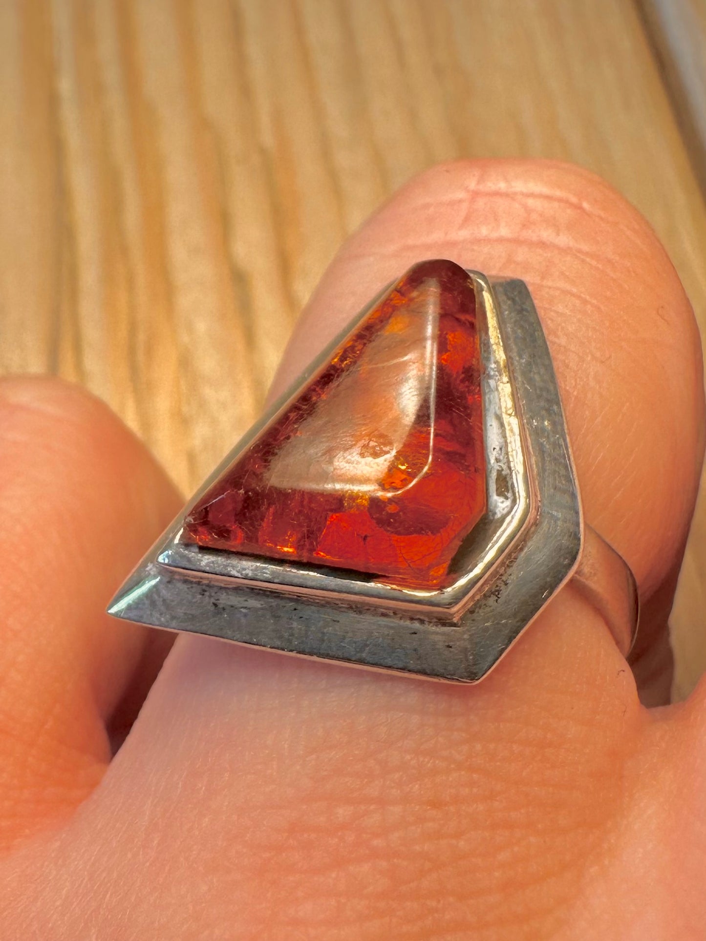 Vintage Abstract Amber 925 Sterling Silver Size N Ring