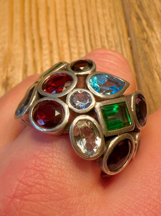 Modernist Chunky Multi Gemstone 925 Sterling Silver Size Z+3 Ring