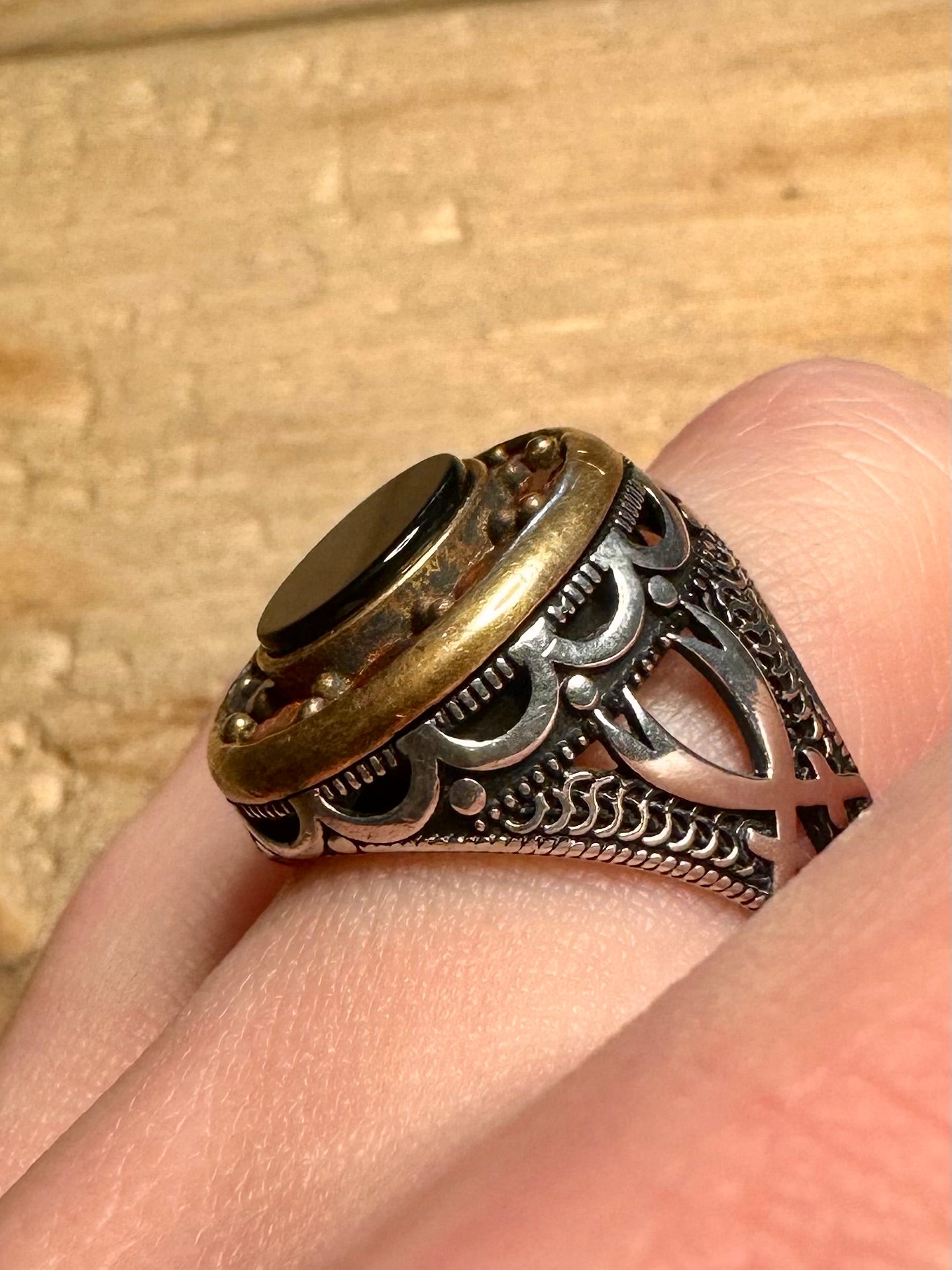 Vintage Garnet and Black Stone Middle Eastern 925 Silver Size T Ring