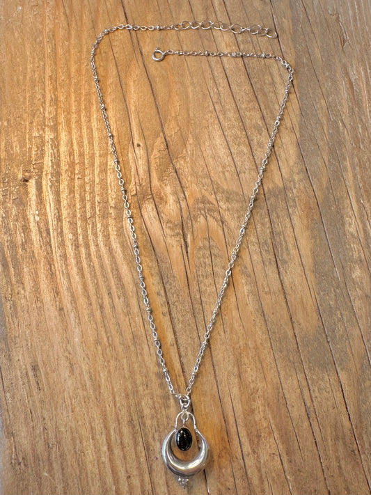 Unique Cable Chain and Onyx Crescent Moon Tribal 925 Sterling Silver 16 to 18 inch Necklace