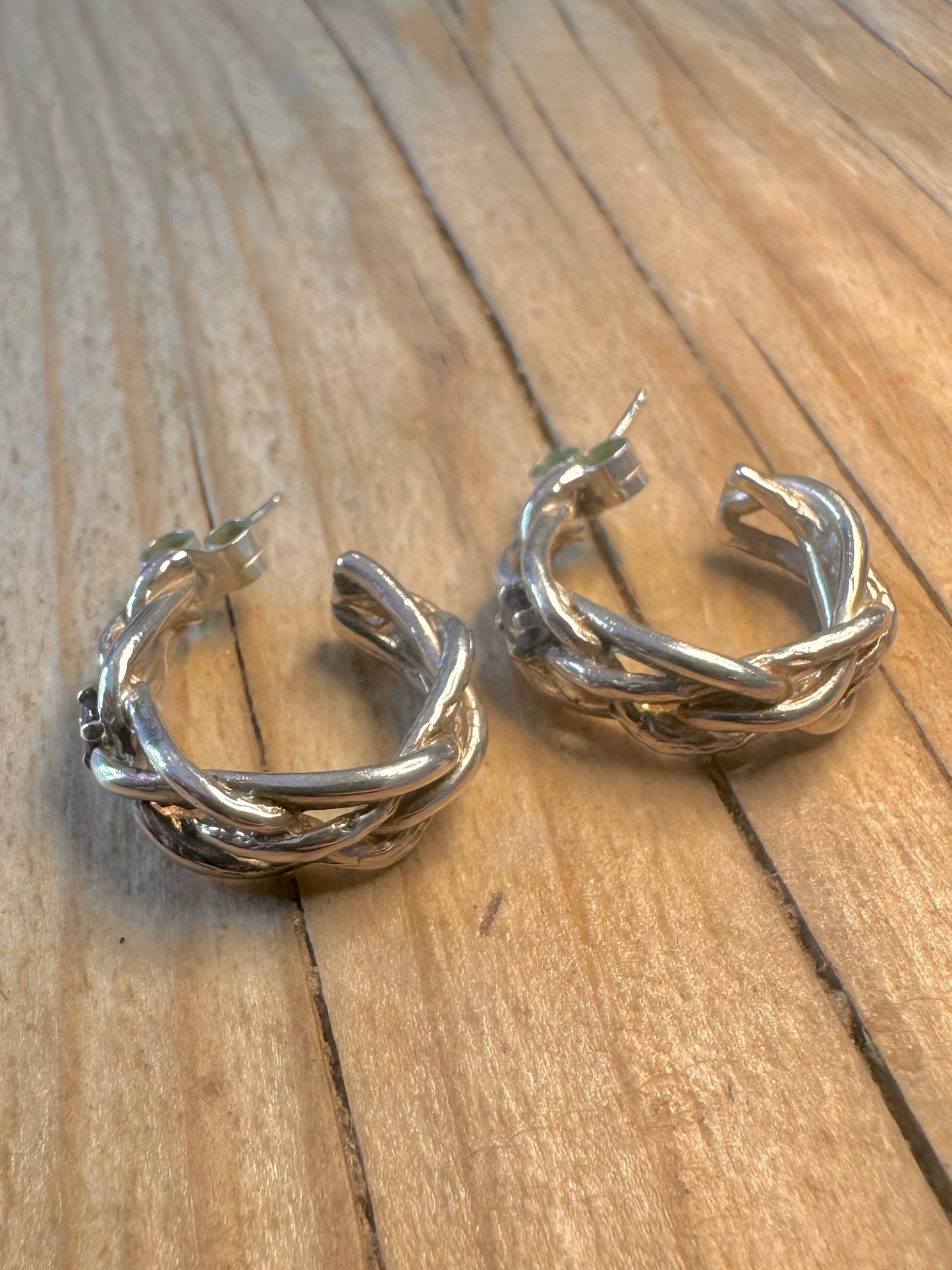 Abstract 1993 Twisted Blue Stone Hoops 925 Sterling Silver Earrings
