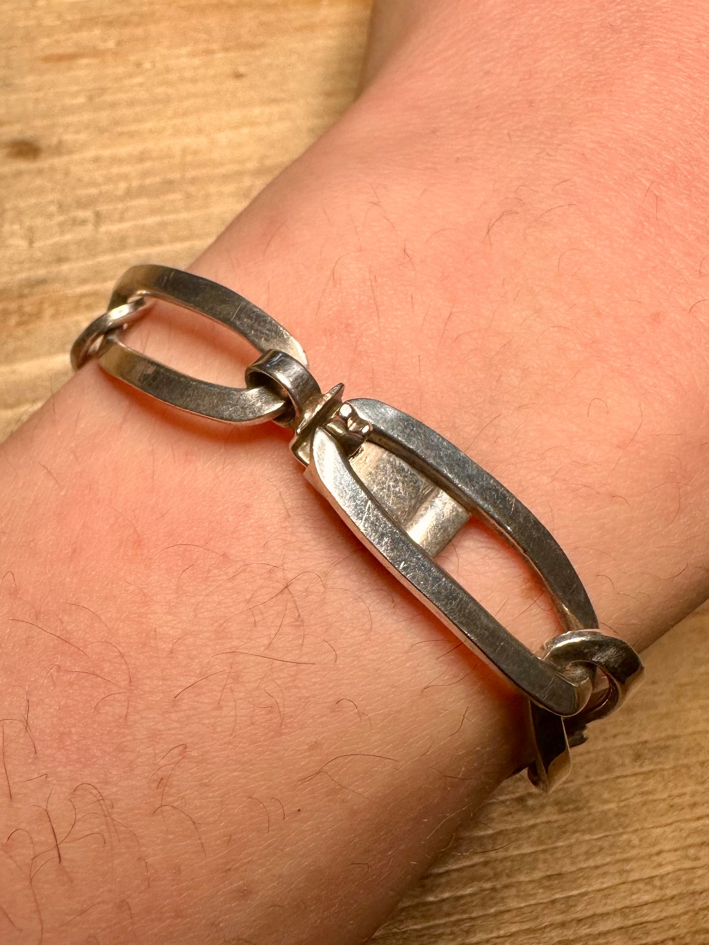 Abstract Long Link 925 Silver Mexico 7.5 inch Bracelet