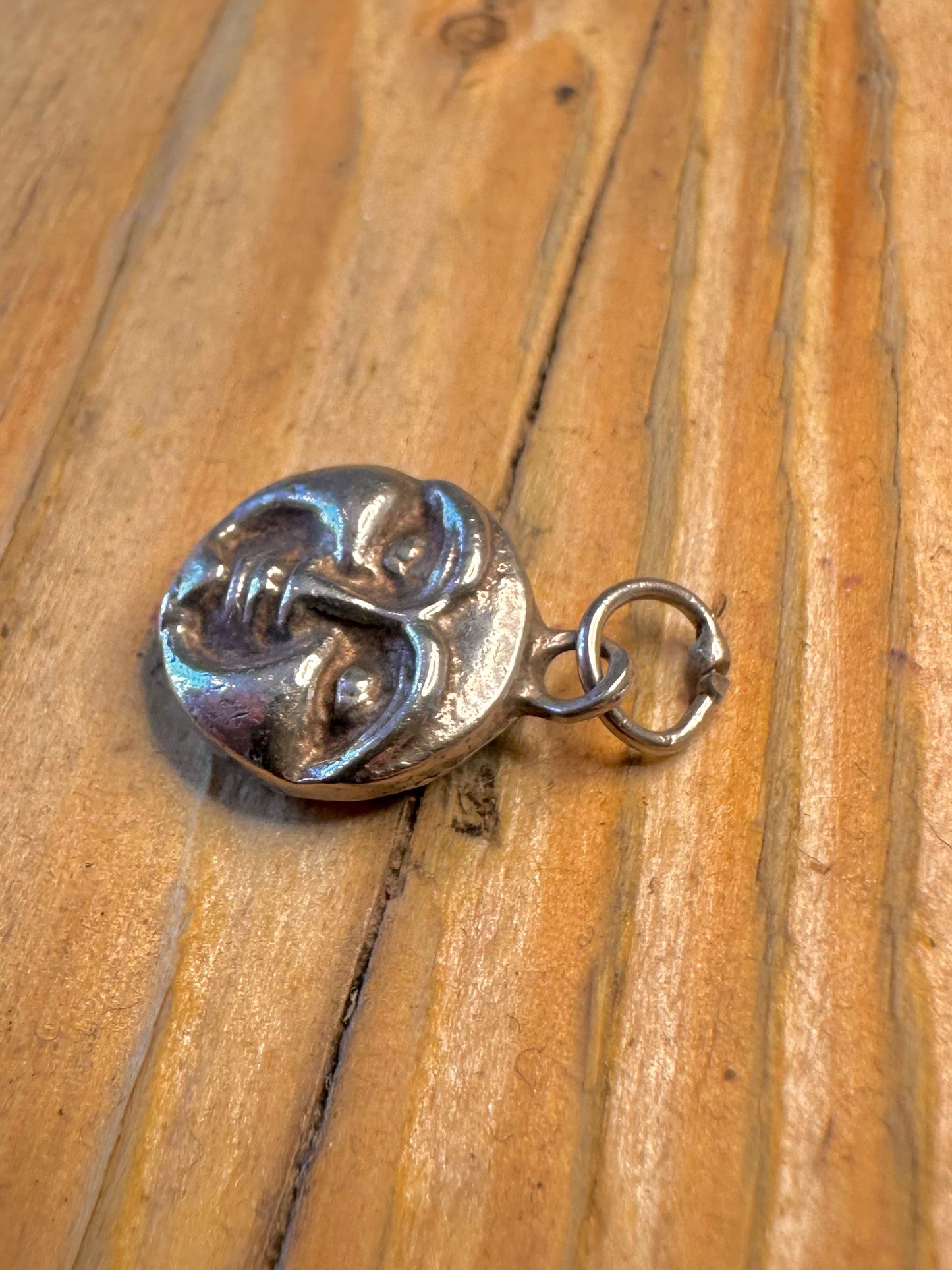 Moon Face and Star Double Sided 925 Sterling Silver Pendant