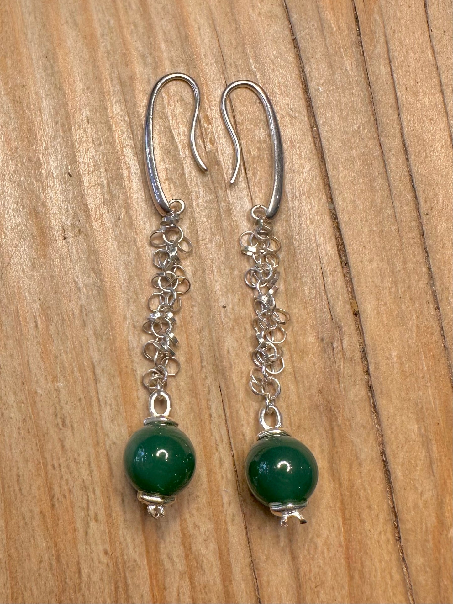 Modern Green Ball Chain Link Dangle 925 Sterling Silver Earrings