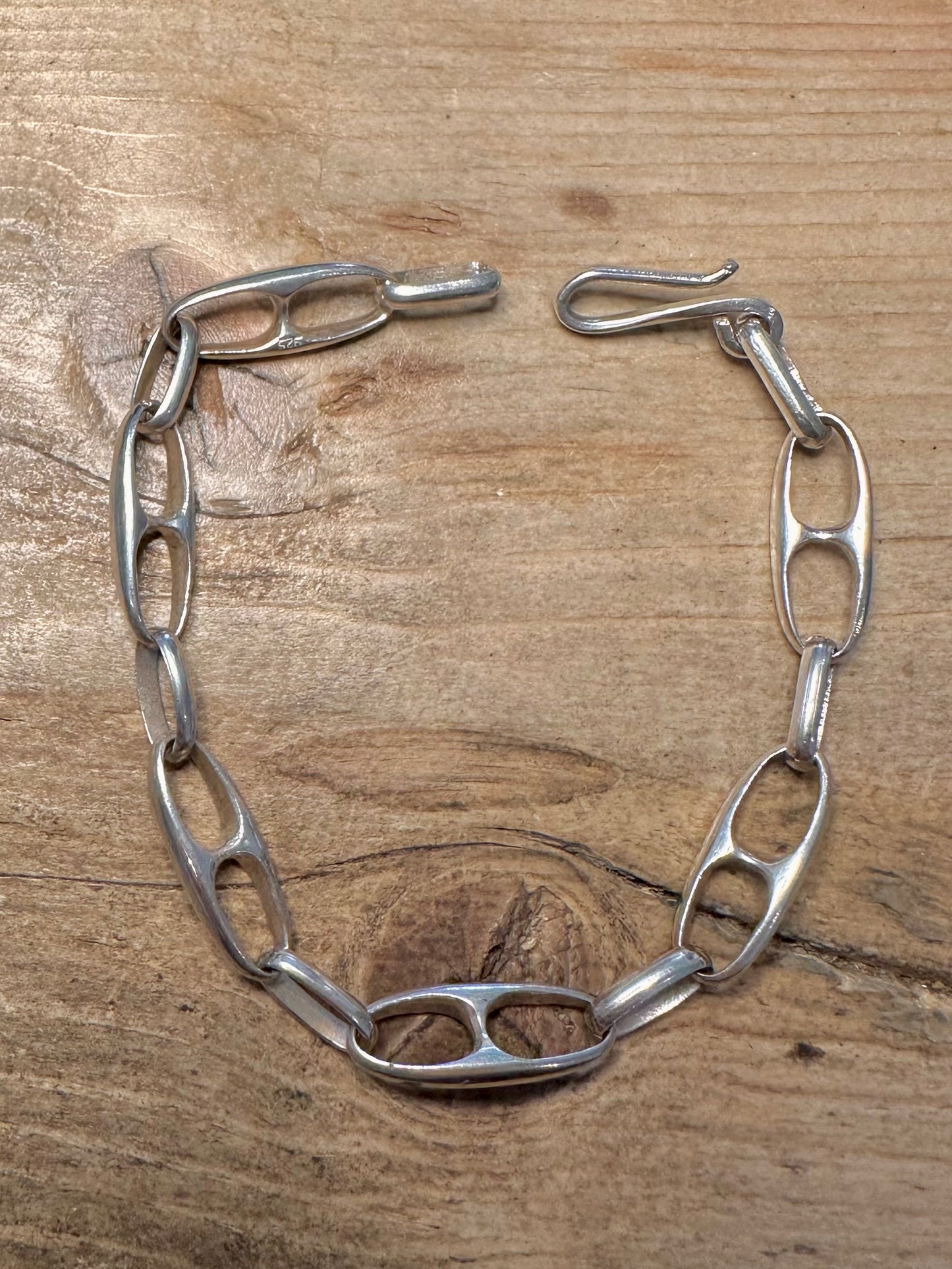 Modernist Abstract Link Hook Clasp 925 Silver 8.2 inch Bracelet