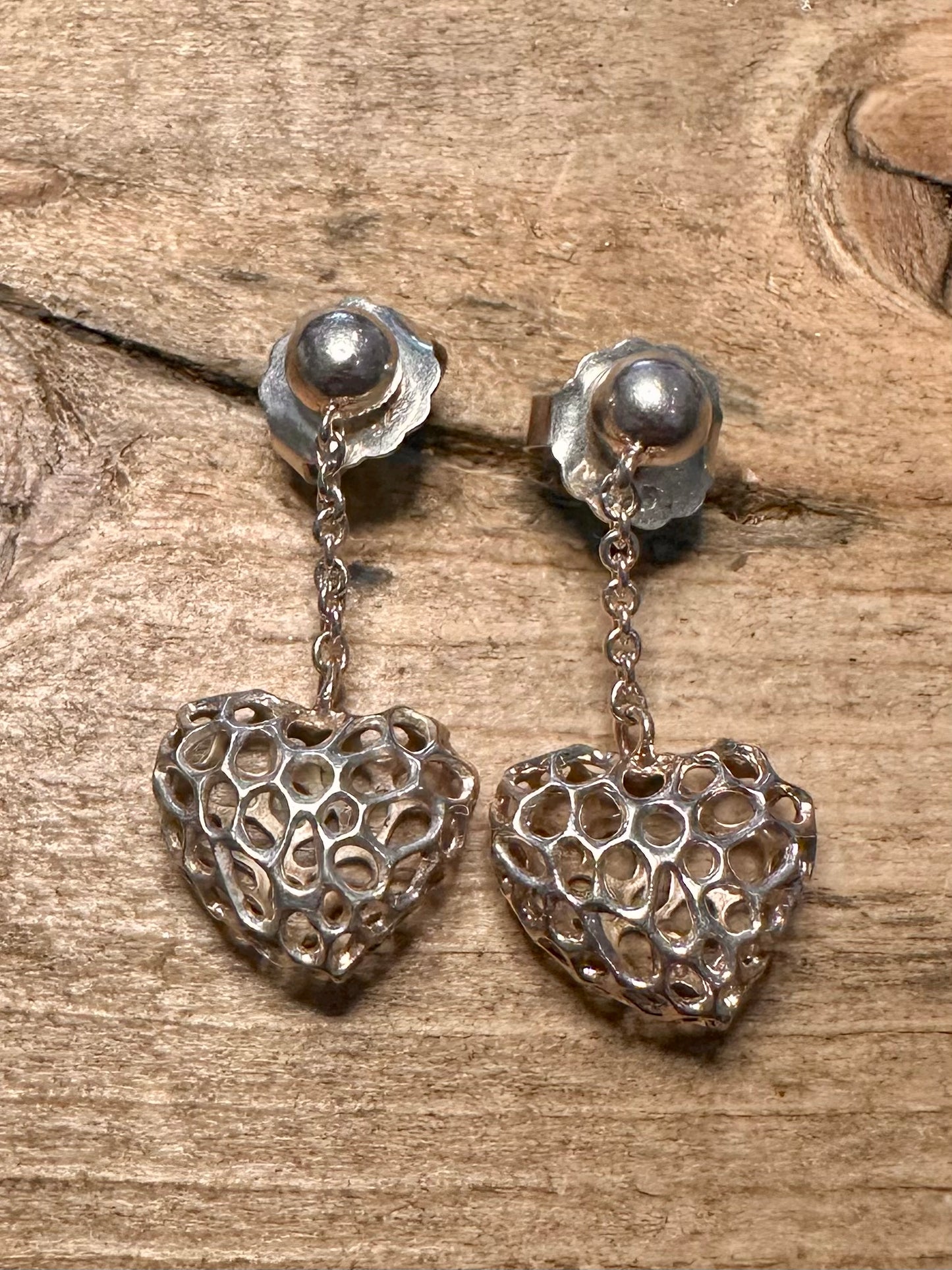 Modern Heart Dangle 925 Silver Earrings
