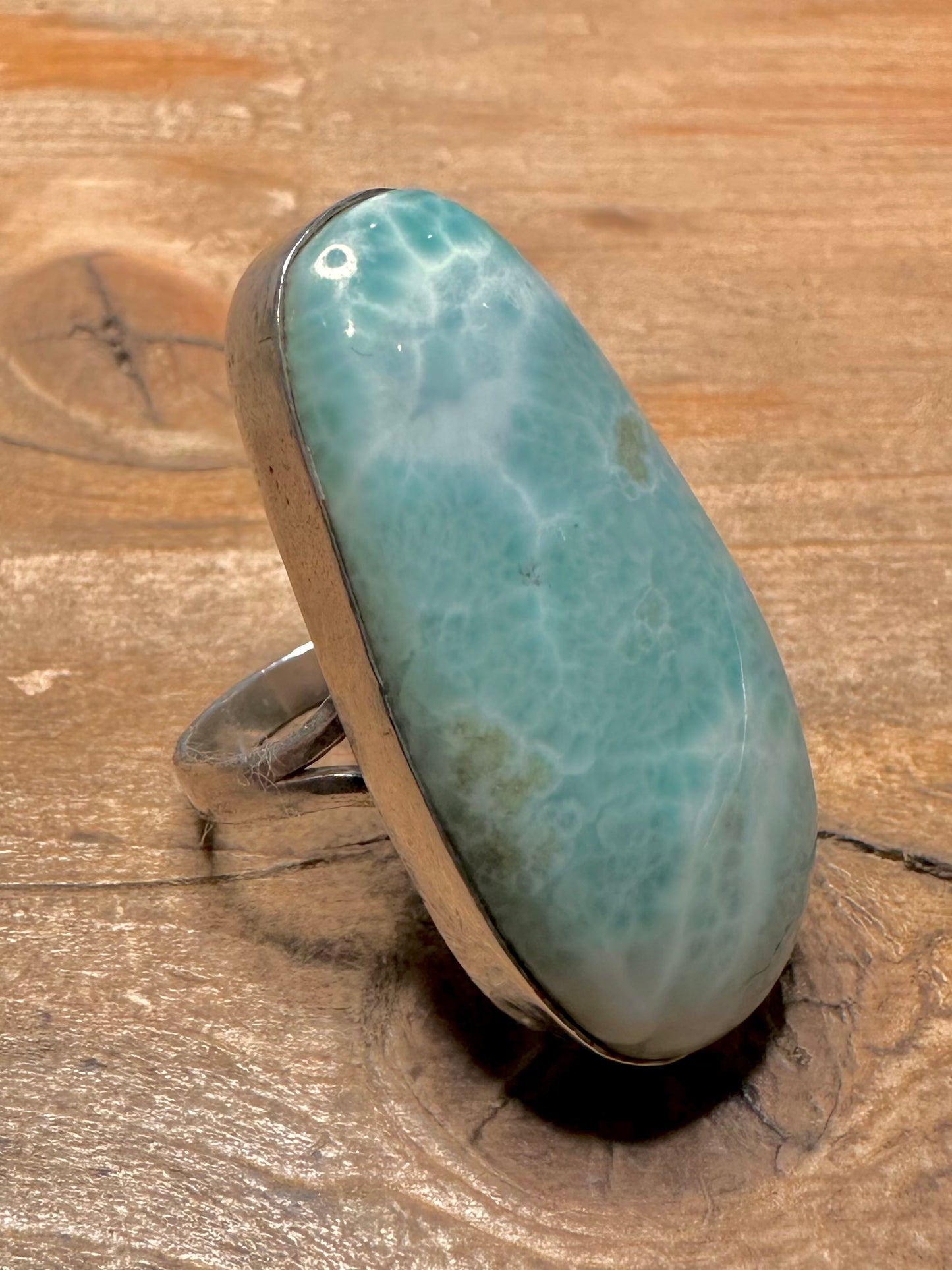 Vintage Elongated Larimar 925 Silver Size U Ring