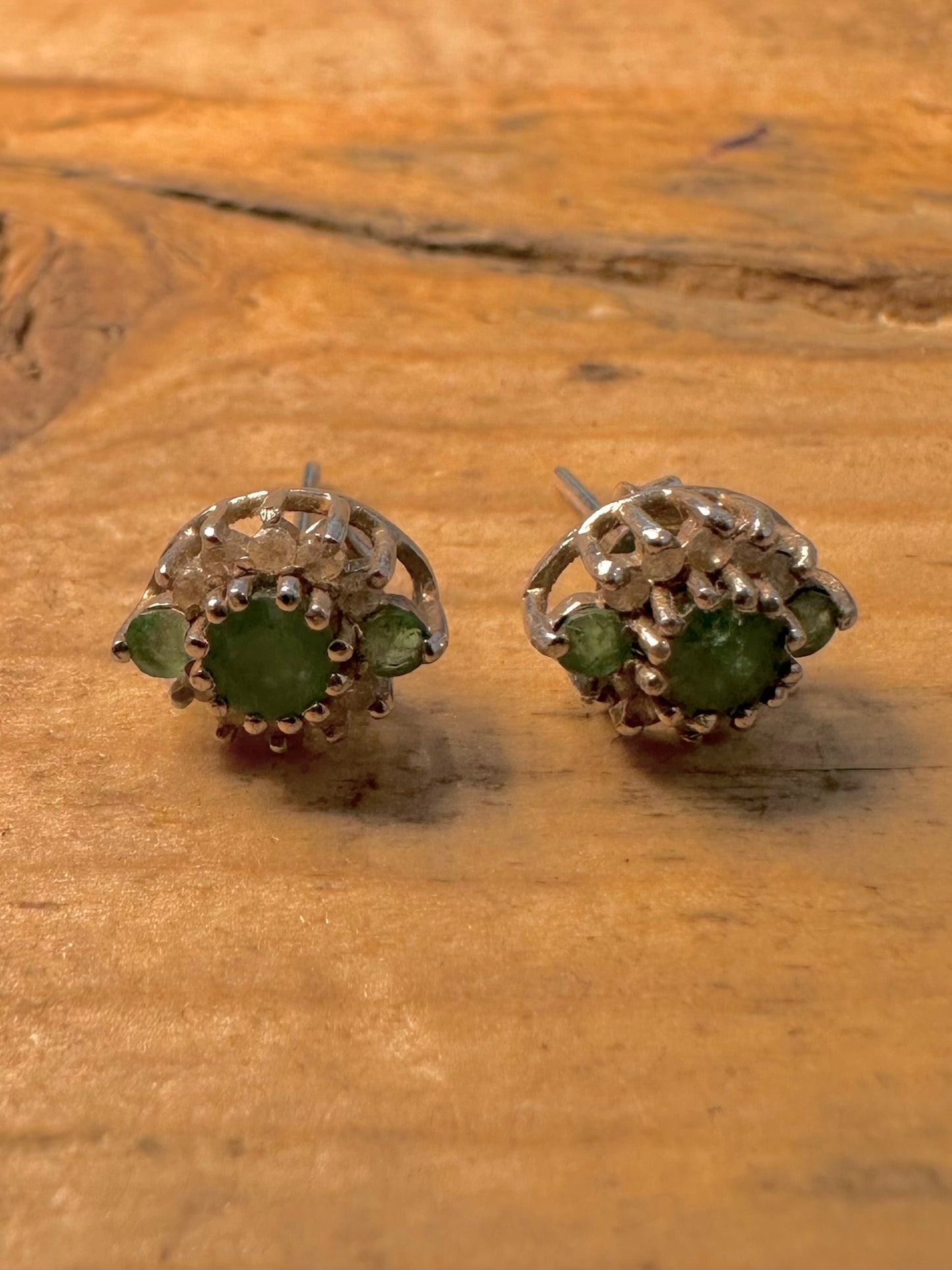 Vintage Emerald And White Stone 925 Silver Stud Earrings