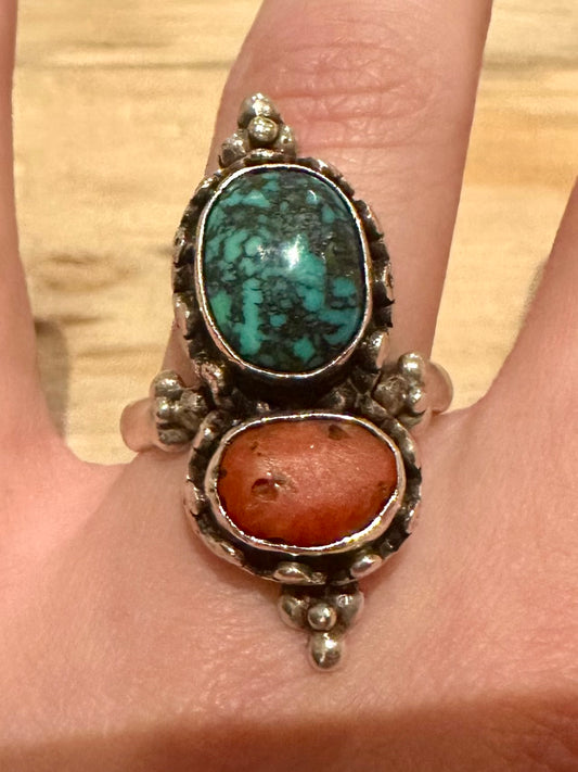 Vintage Navajo Turquoise and Coral 925 Silver Size W Ring