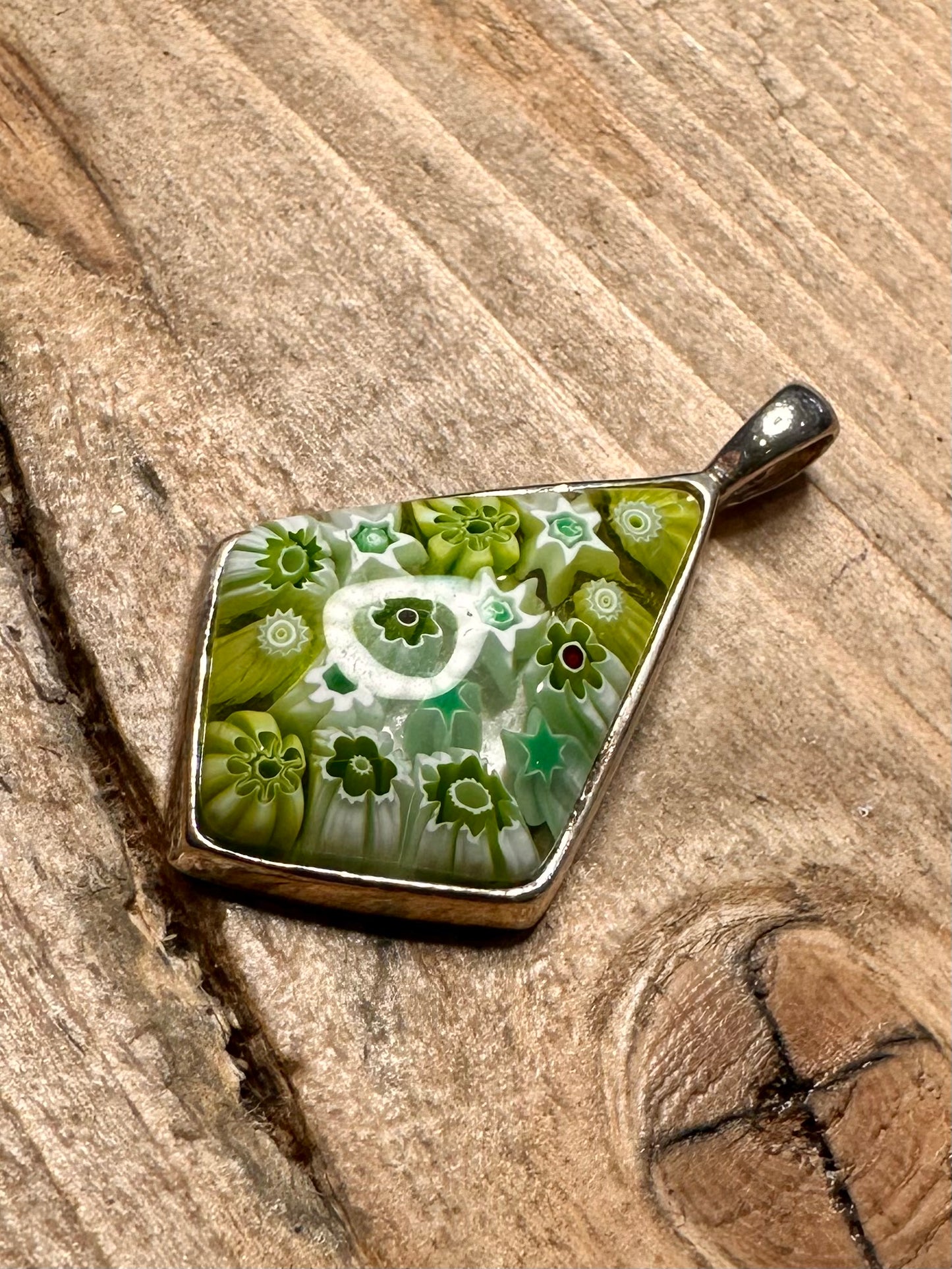 Vintage Millefiori Green Italy 925 Silver Pendant