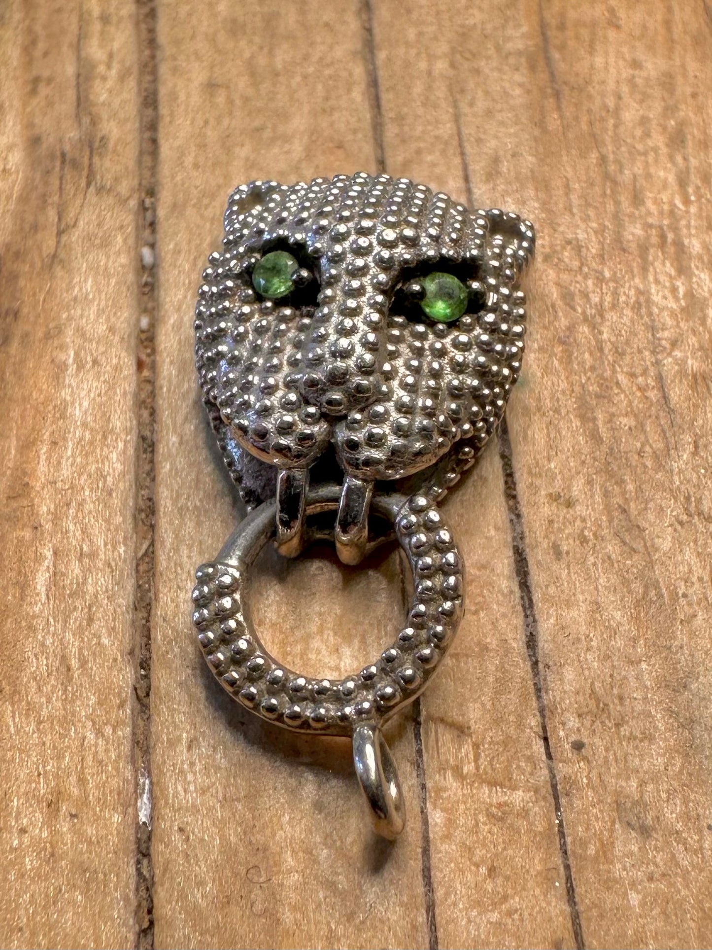 Vintage Panther Textured Green Stone 925 Sterling Silver Pendant