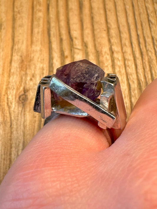 Modernist Abstract 1971 Raw Amethyst 925 Sterling Silver Size L Ring