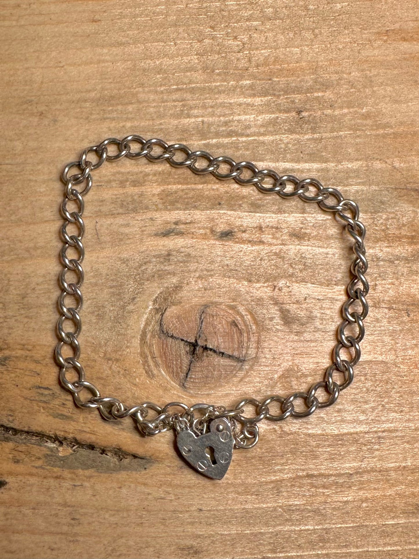 Vintage 1981 Heart Padlock Curb Chain 925 Silver 6 inch Bracelet