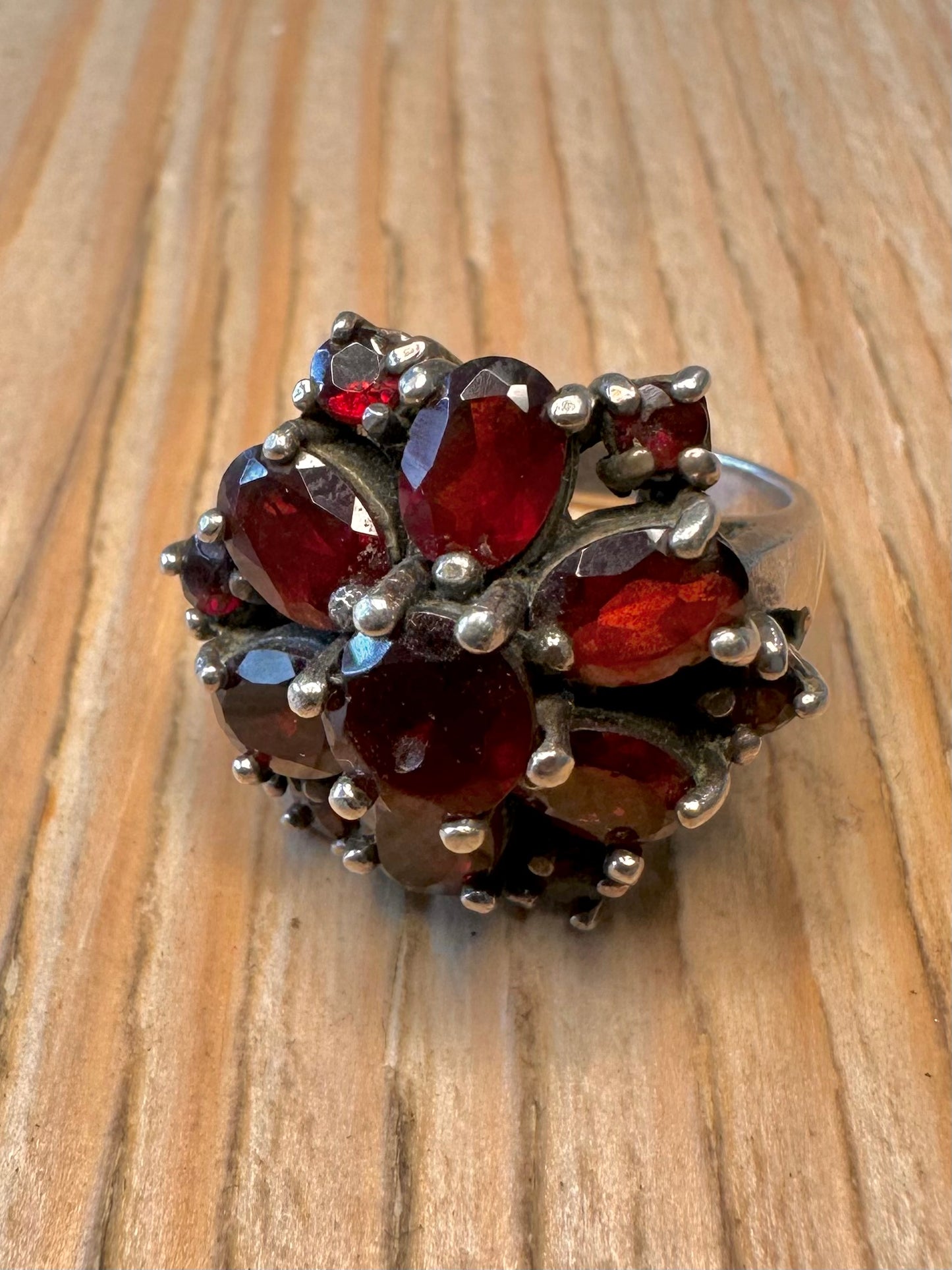 Vintage Red Stone Large Cluster 935 Sterling Silver Size O Ring