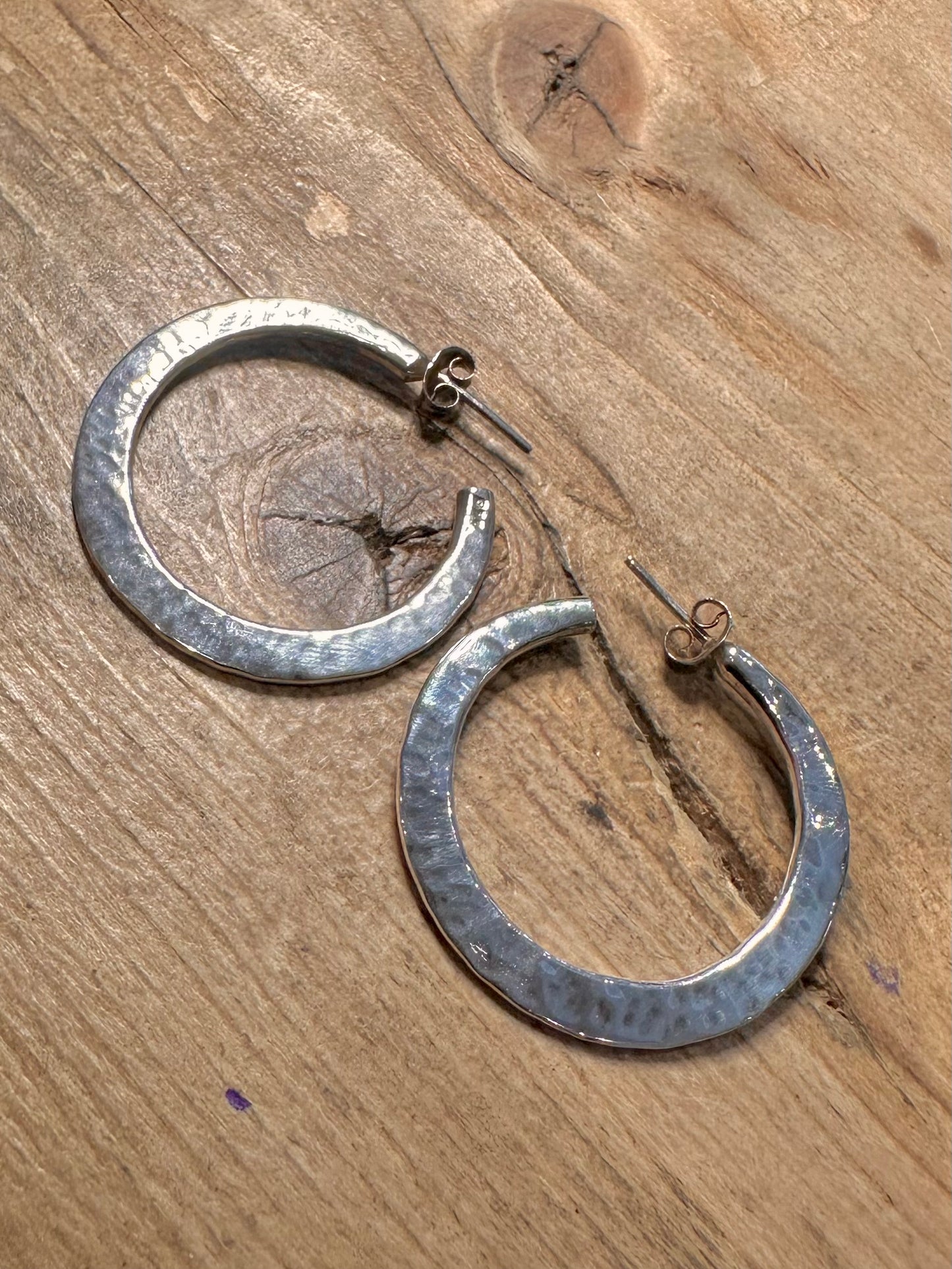Modernist Hammered Hoop 925 Silver Earrings