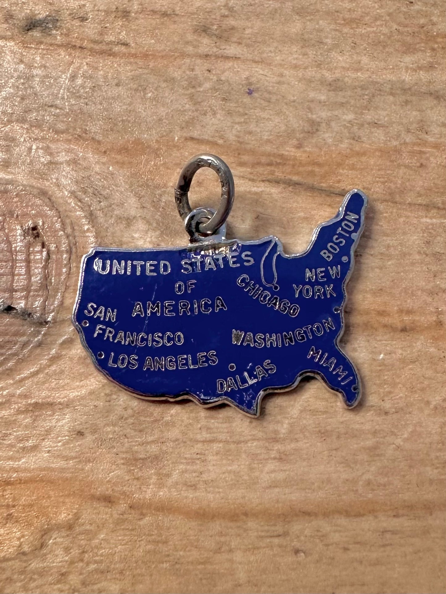 Vintage United States of America Enamel Blue 925 Silver Charm Pendant