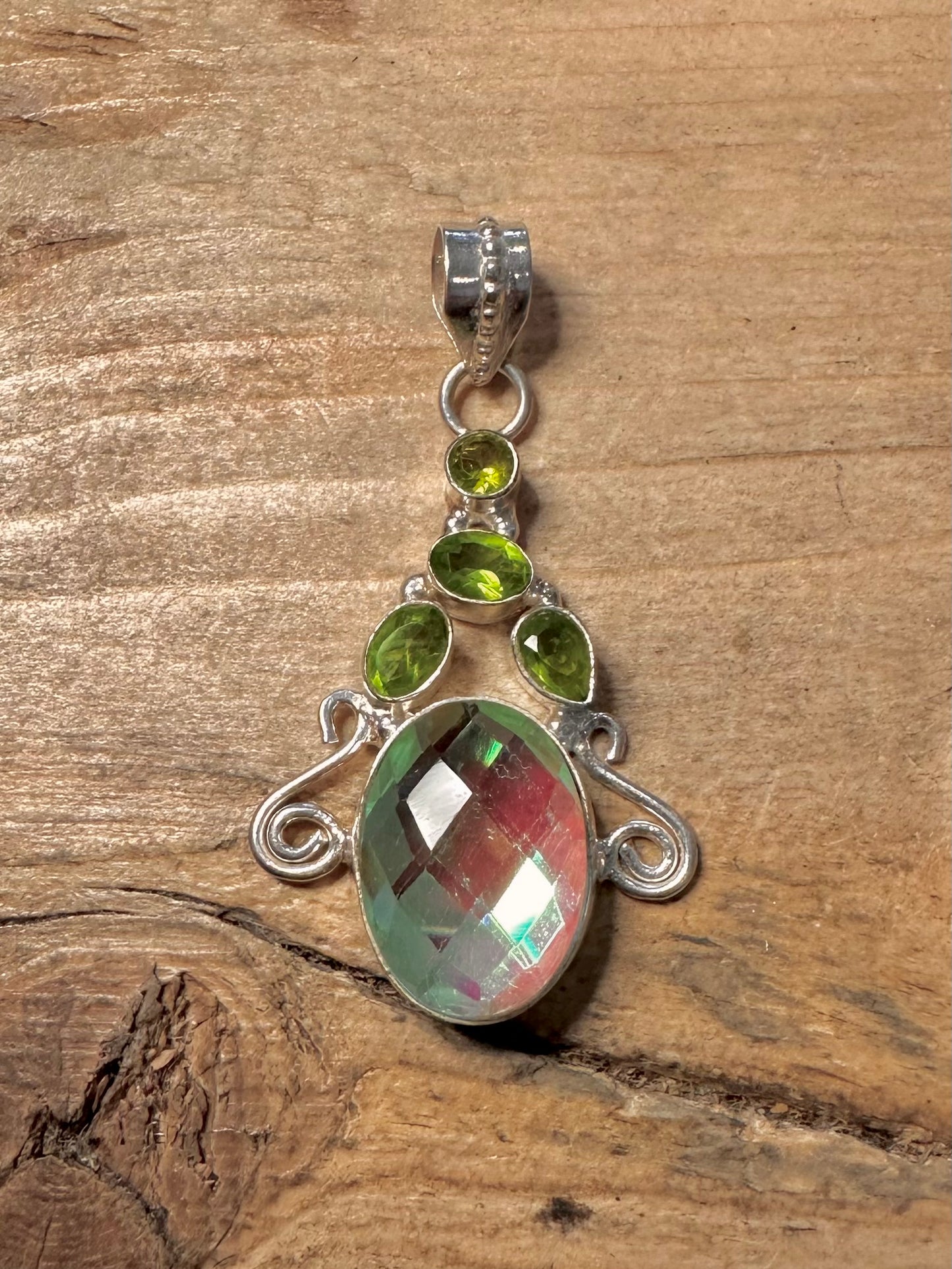 Vintage Ornate Peridot and Multi Colour Stone 925 Silver Pendant