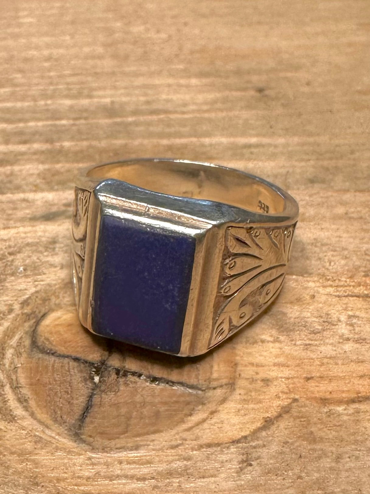 Vintage Lapis Signet Engraved 925 Silver Size Q Ring