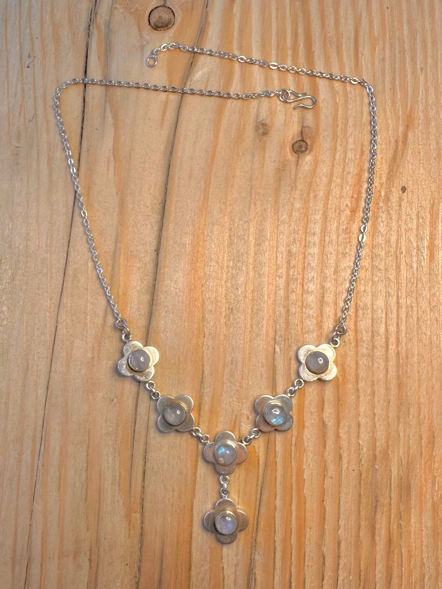 Vintage Moonstone Flower 925 Sterling Silver 16.5 inch Necklace