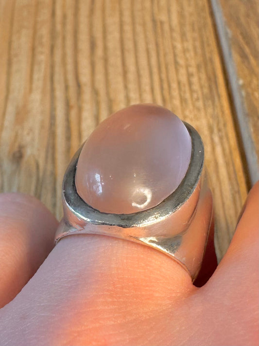 Rose Quarts Oval Chunky Solid 925 Sterling Silver Size P Ring