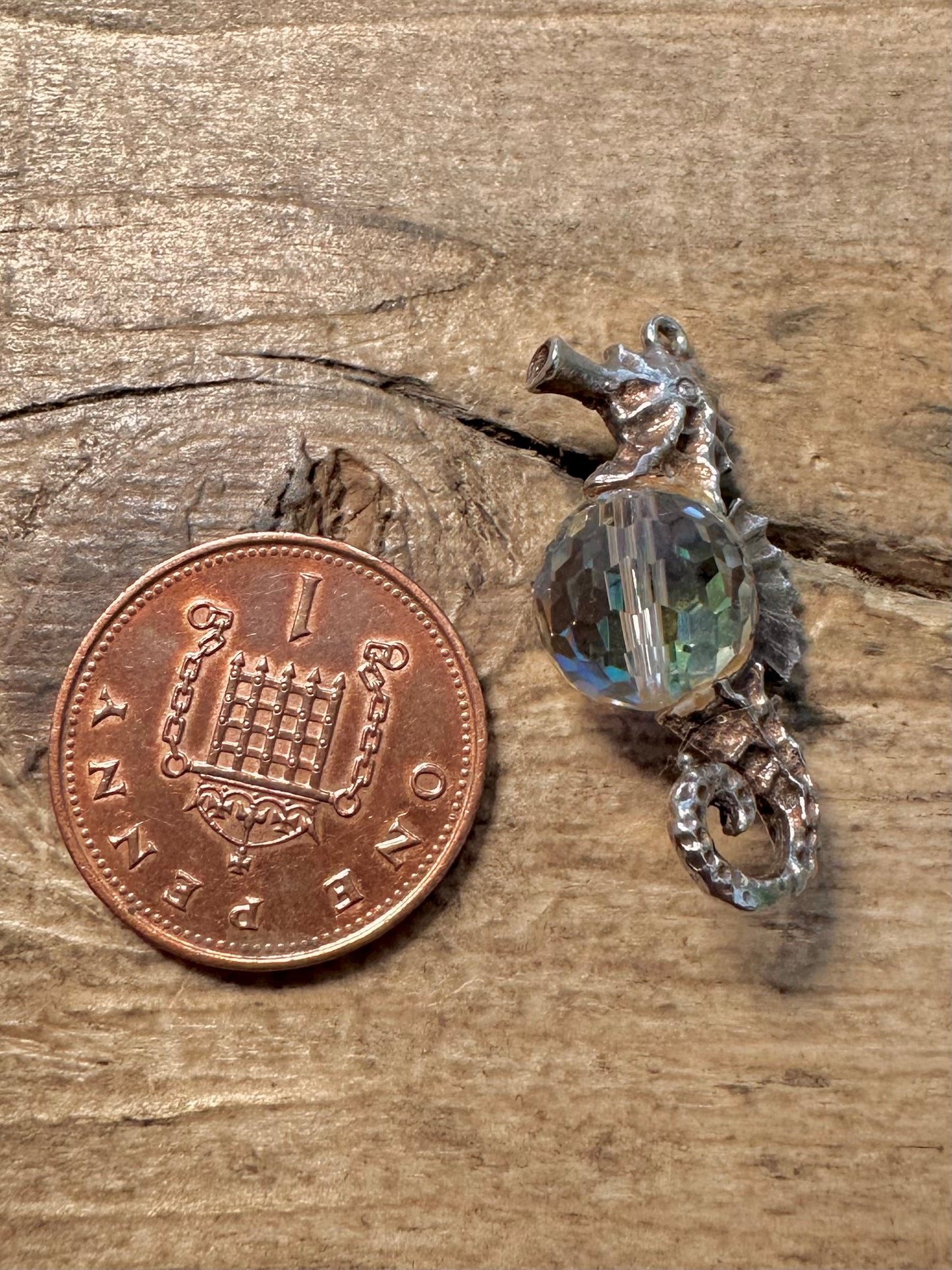Vintage Seahorse Glass Ball 925 Silver Charm Pendant