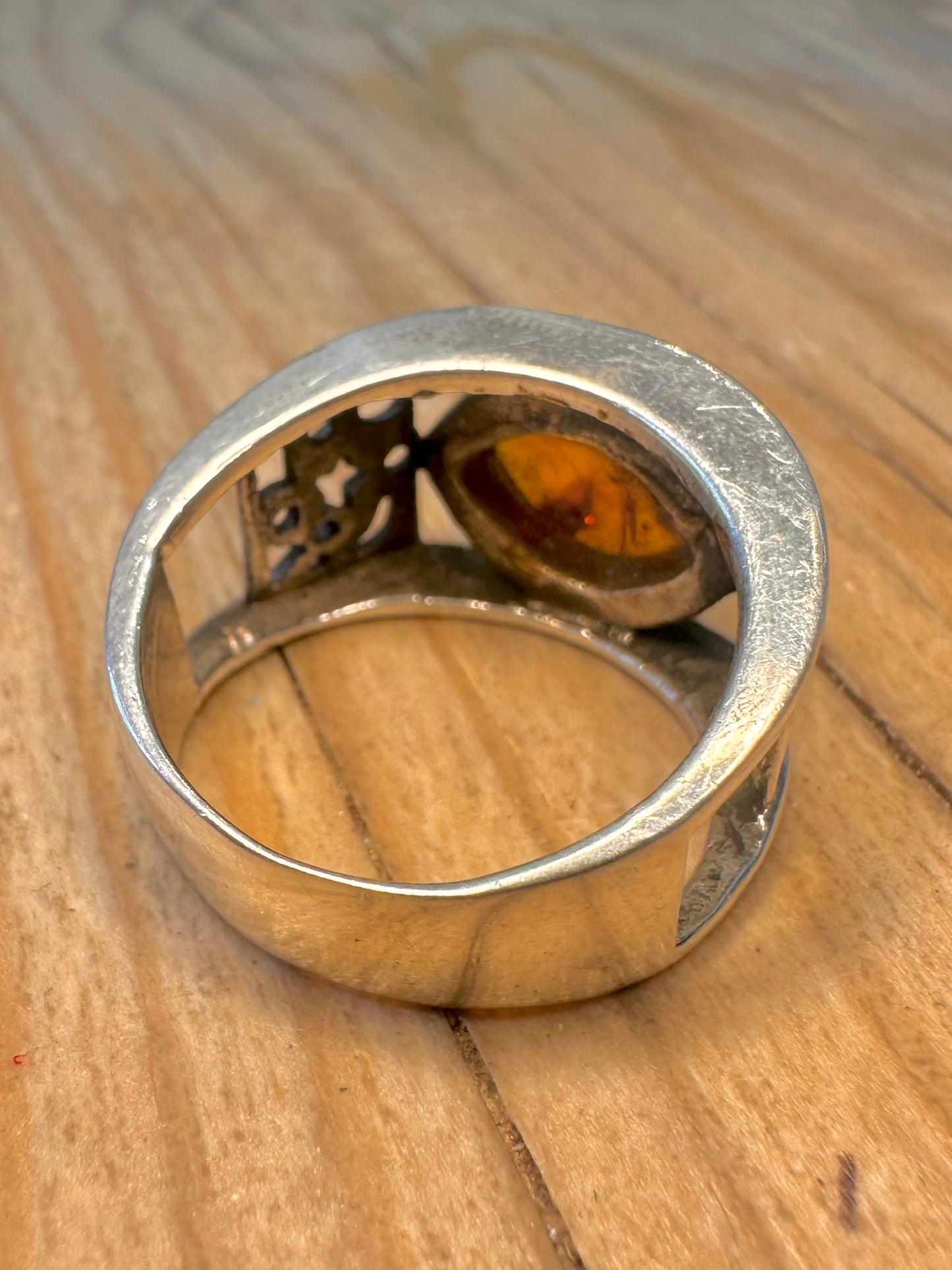Vintage Amber Stars and Moons 925 Sterling Silver Size R Ring