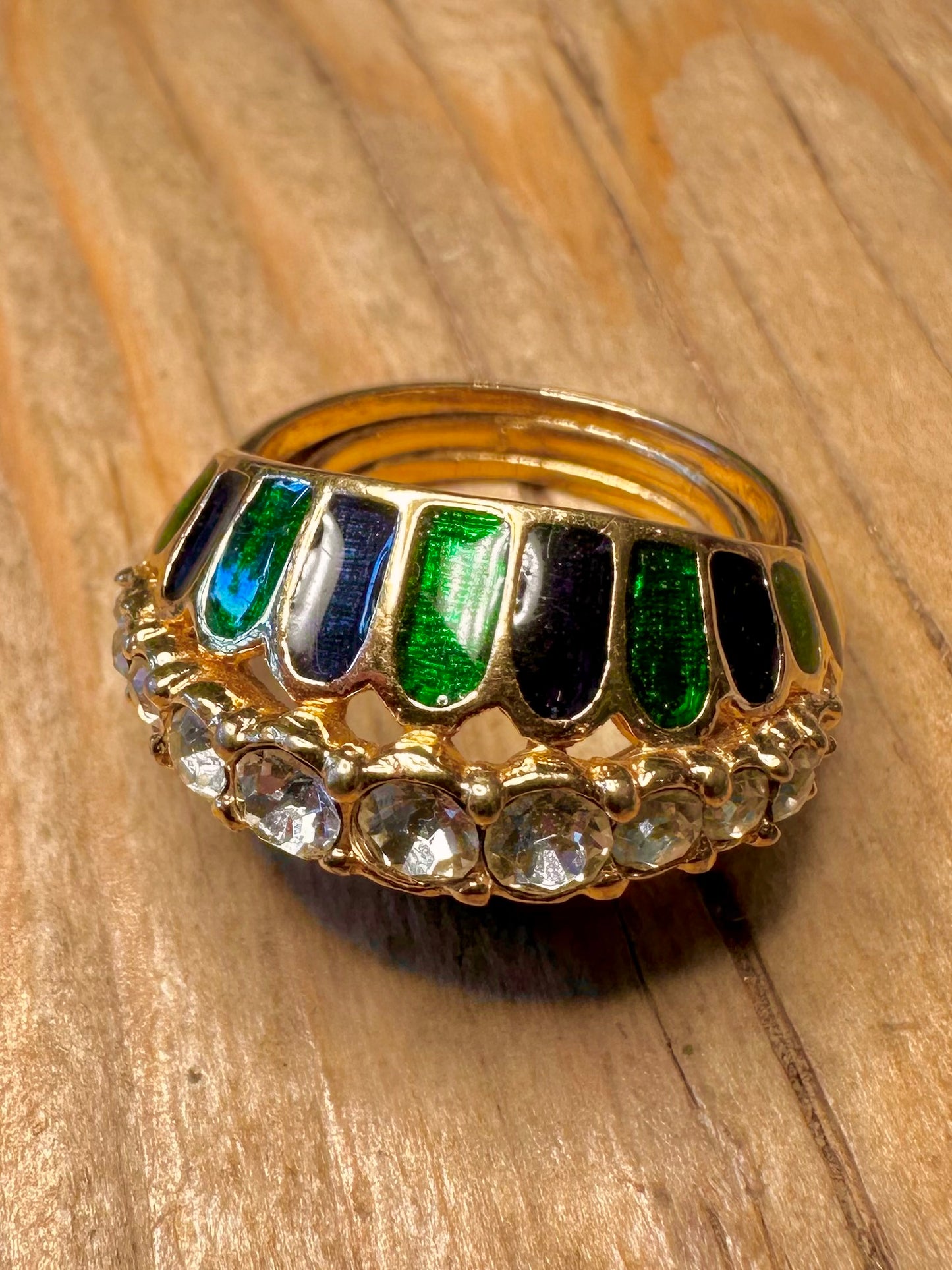 Vintage Black and Green Enamel White Stone Gold Tone Cocktail Size N Costume Ring