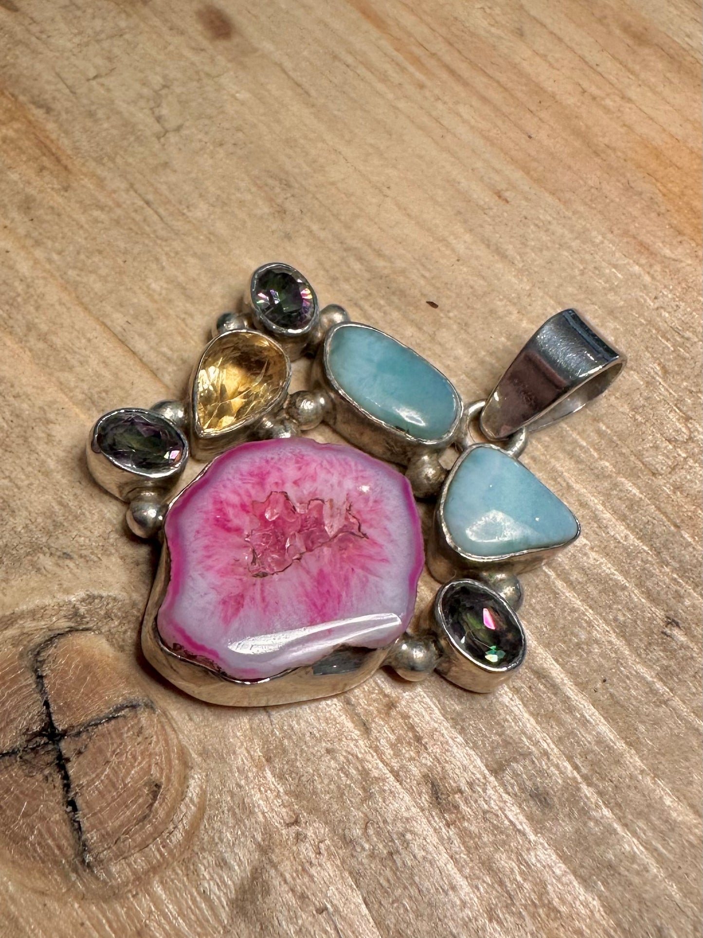 Abstract Druzy Larimar Citrine Mystic Topaz 925 Silver Pendant