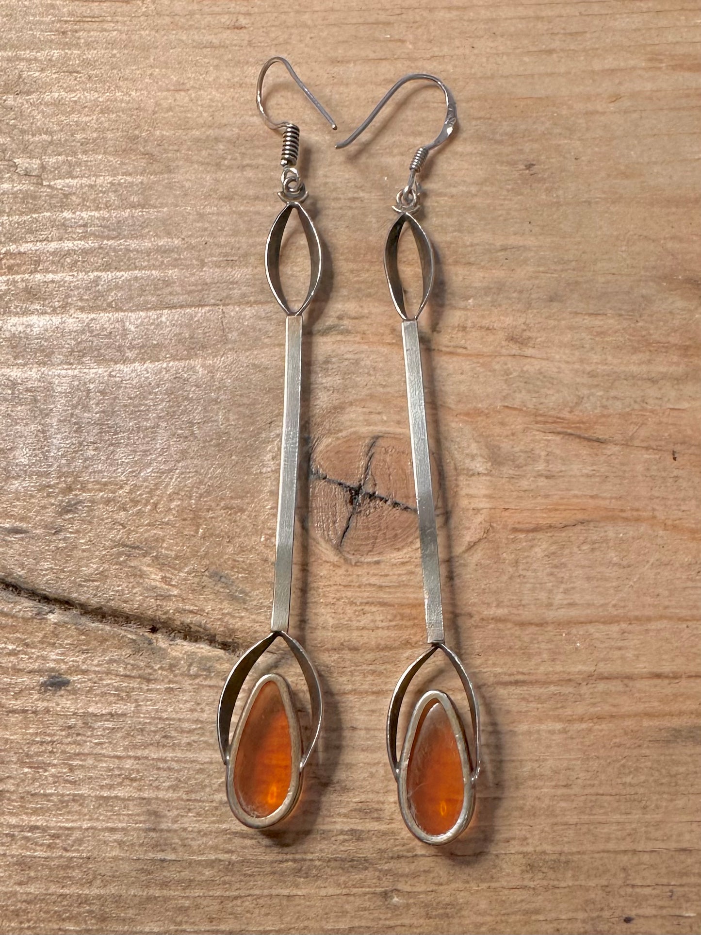 Vintage Long Amber Dangle 925 Silver Earrings