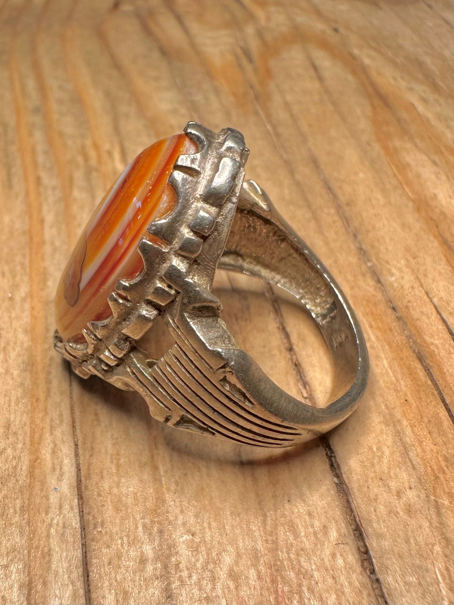 Vintage Orange Agate Oval Ornate 925 Sterling Silver Size Q Ring