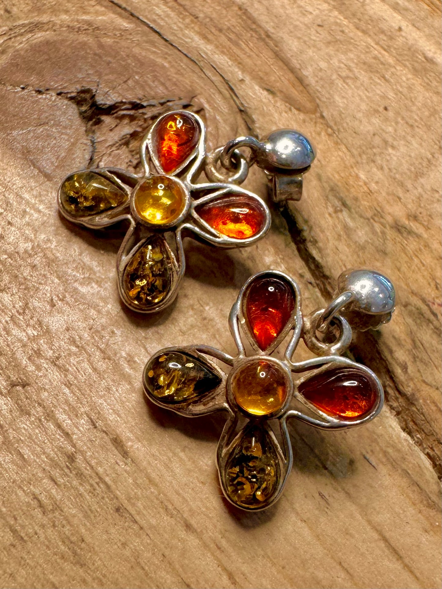 Vintage Amber Flower 925 Silver Earrings