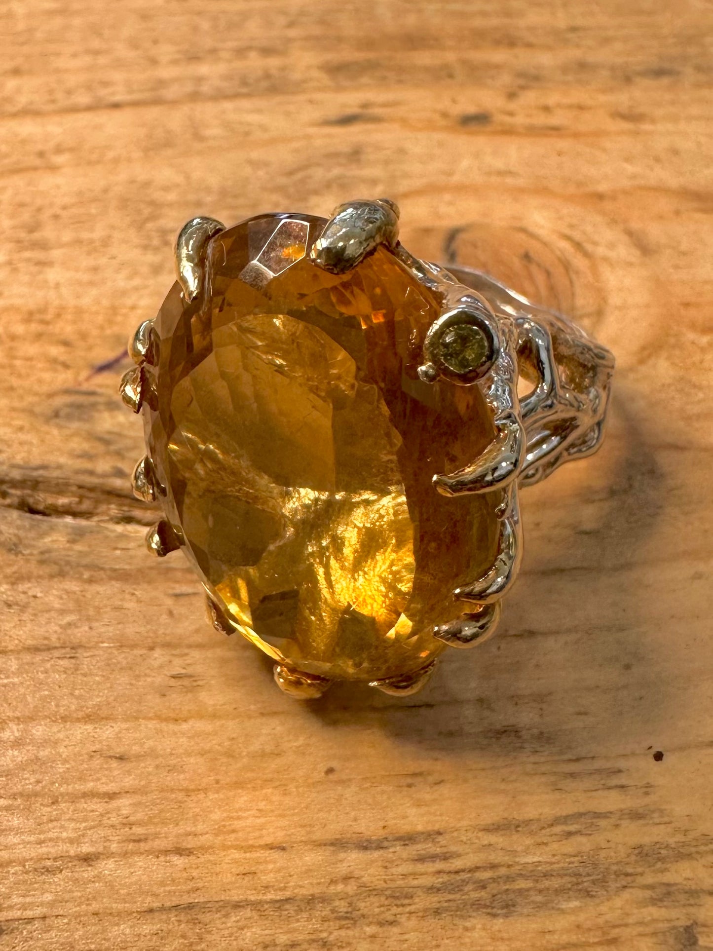 Abstract Large Citrine Stone Claw Mount 925 Silver Size R Ring