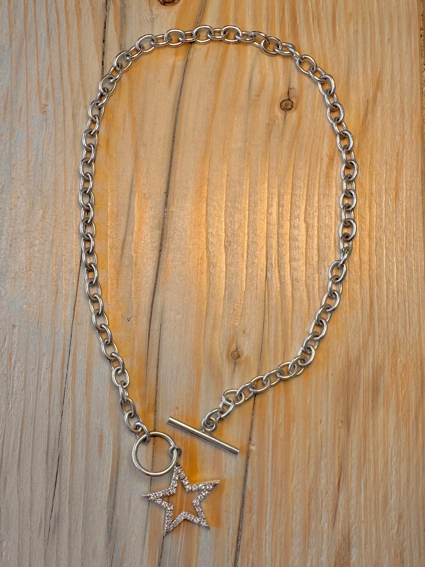 Vintage CZ Star T Bar Clasp Belcher Chain 925 Silver 16 inch Necklace