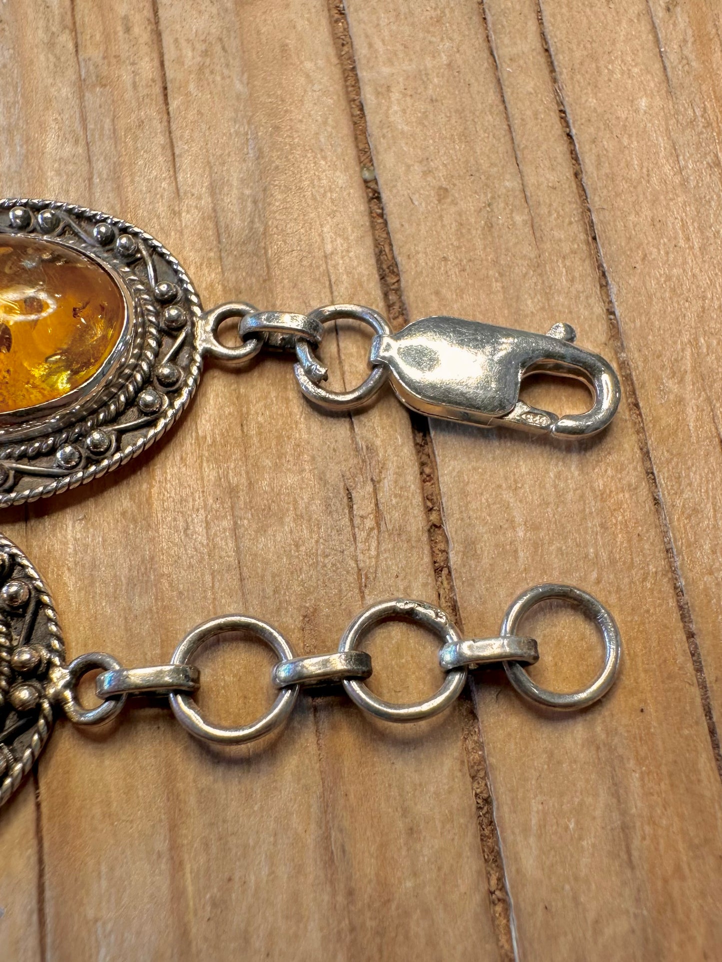 Vintage Ornate Amber Style 925 Silver 7 to 7.8 inch Bracelet