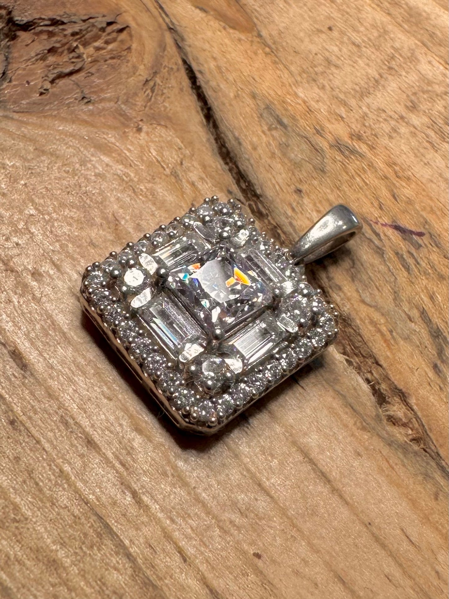 Modern White CZ Square 925 Silver Pendant
