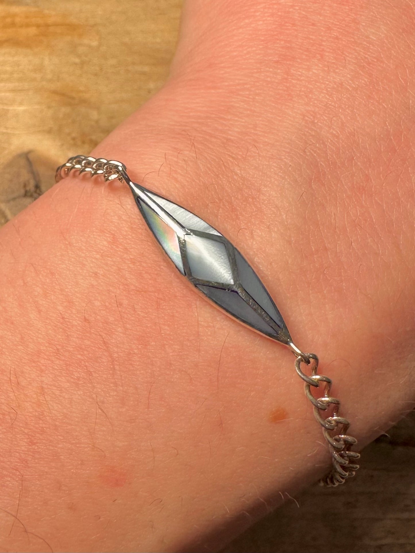 Vintage Blue Mother of Pearl 925 Silver 7.5 inch Bracelet