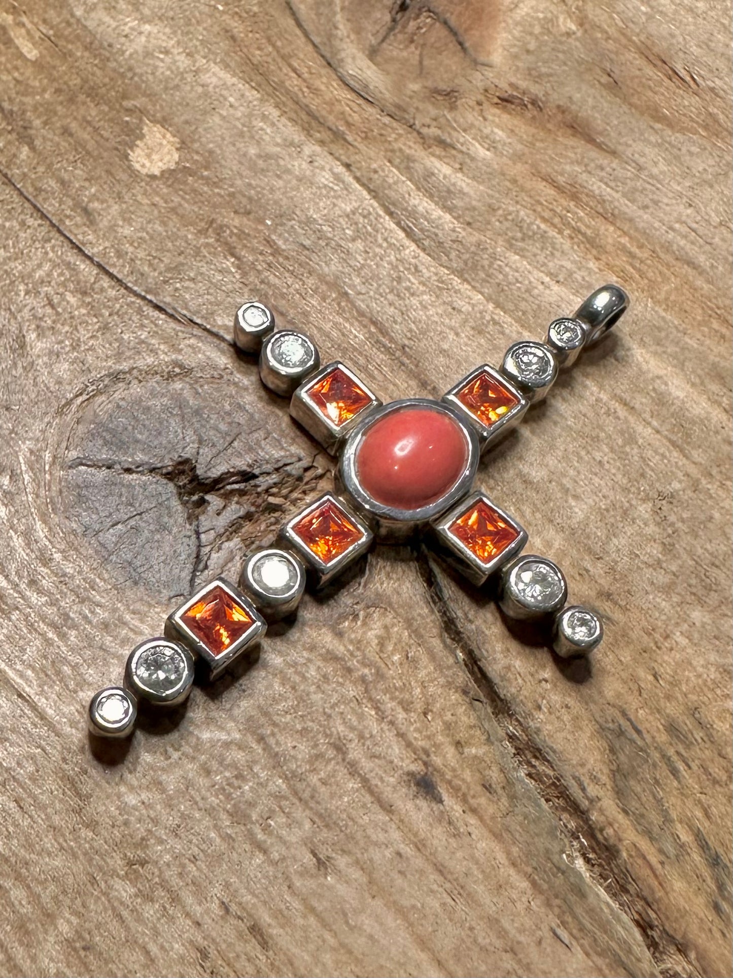 Modern Coral Orange and White CZ Cross 925 Silver Pendant
