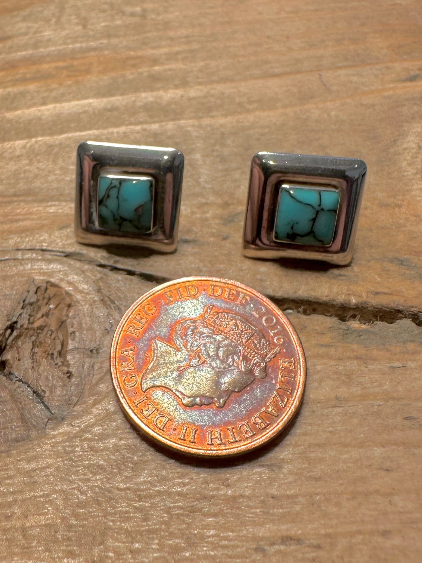 Vintage Polished Turquoise Square 925 Silver Earrings