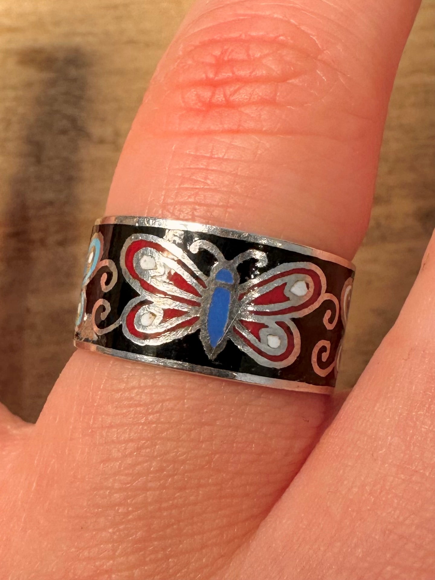 Vintage Enamel Butterfly 925 Silver Size R Ring