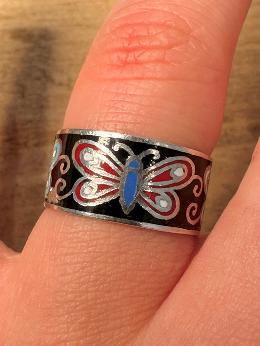 Vintage Enamel Butterfly 925 Silver Size R Ring