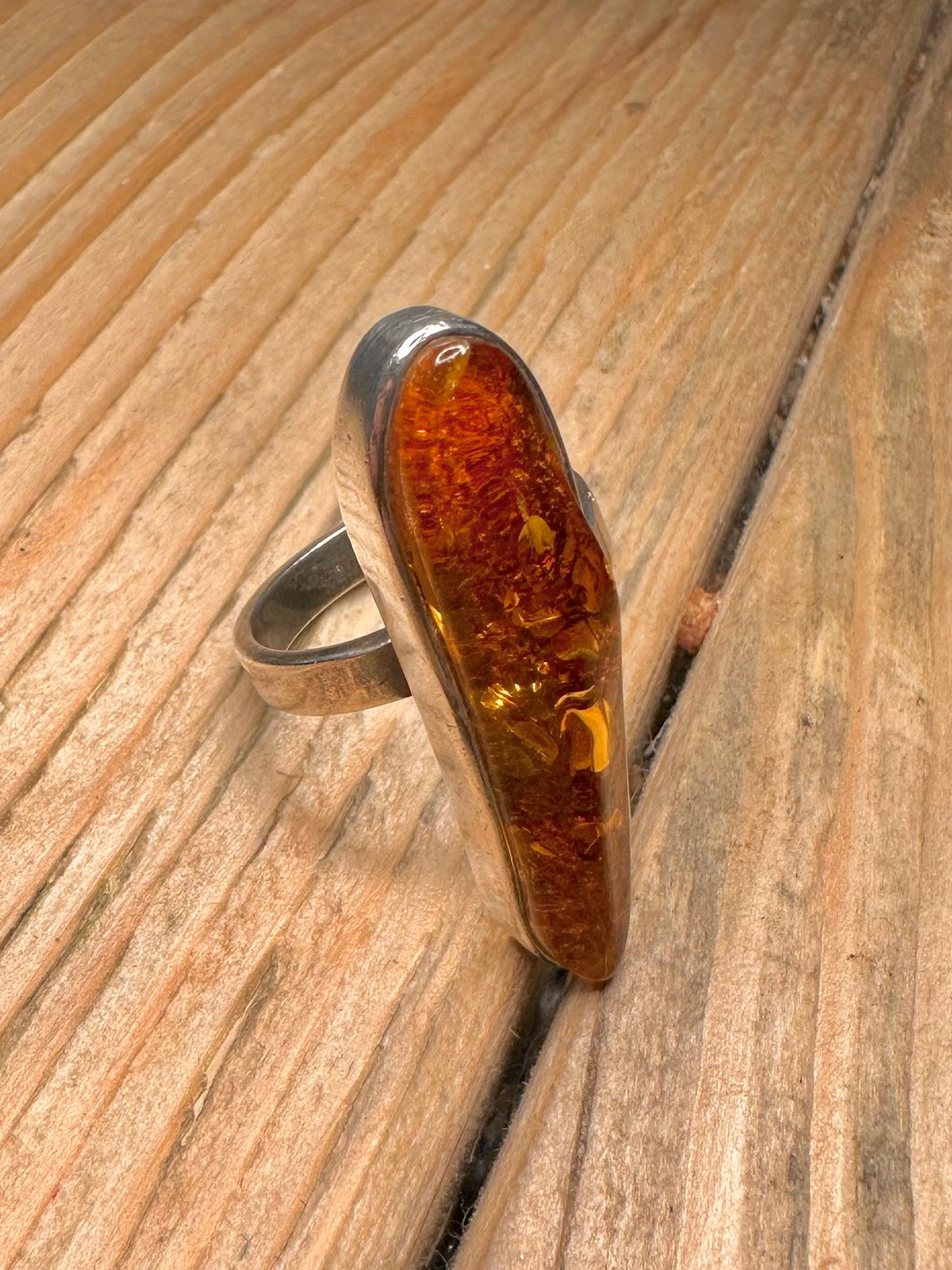Vintage Elongated Amber 925 Sterling Silver Size P Adjustable Ring