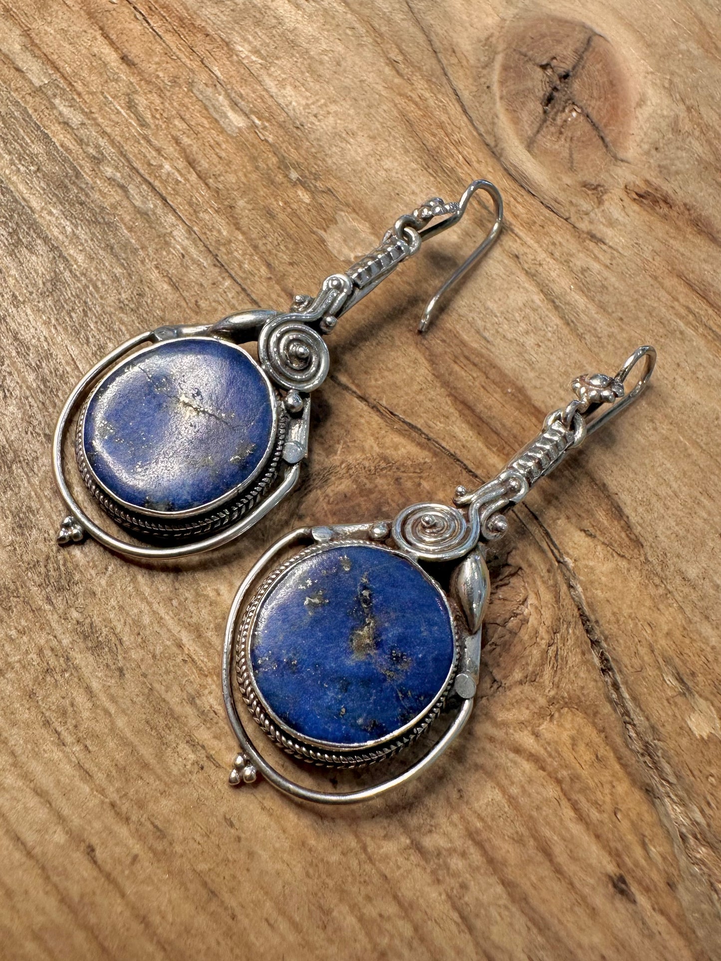 Vintage Lapis Tribal Dangle 925 Silver Earrings