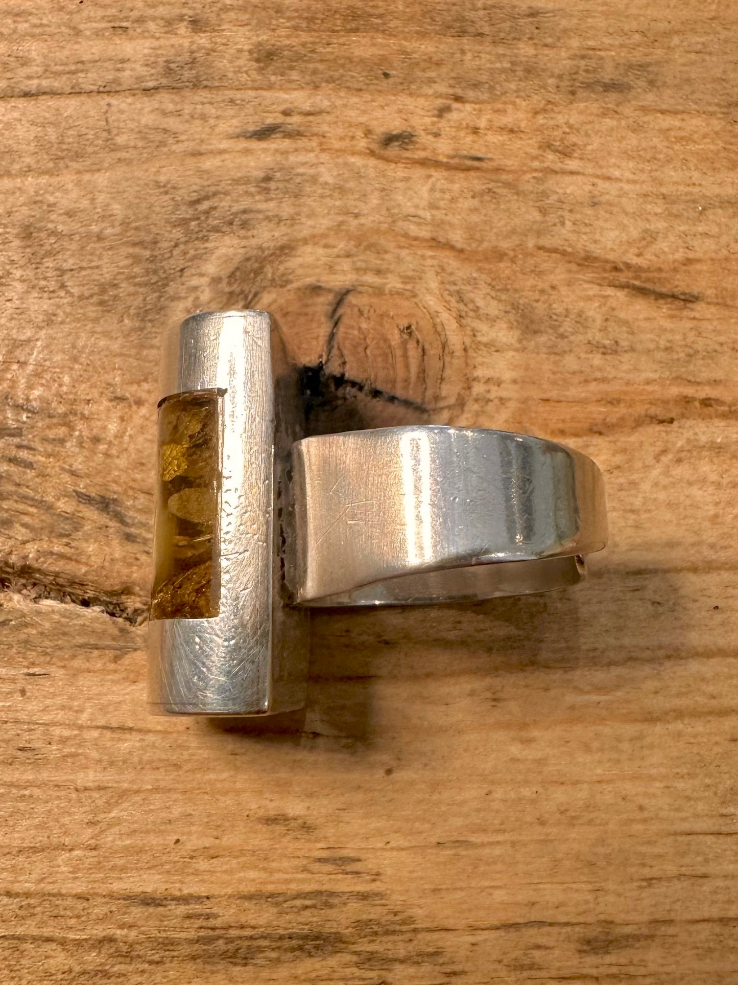 Modernist Amber Bar 925 Silver Size O1/2 Adjustable Ring