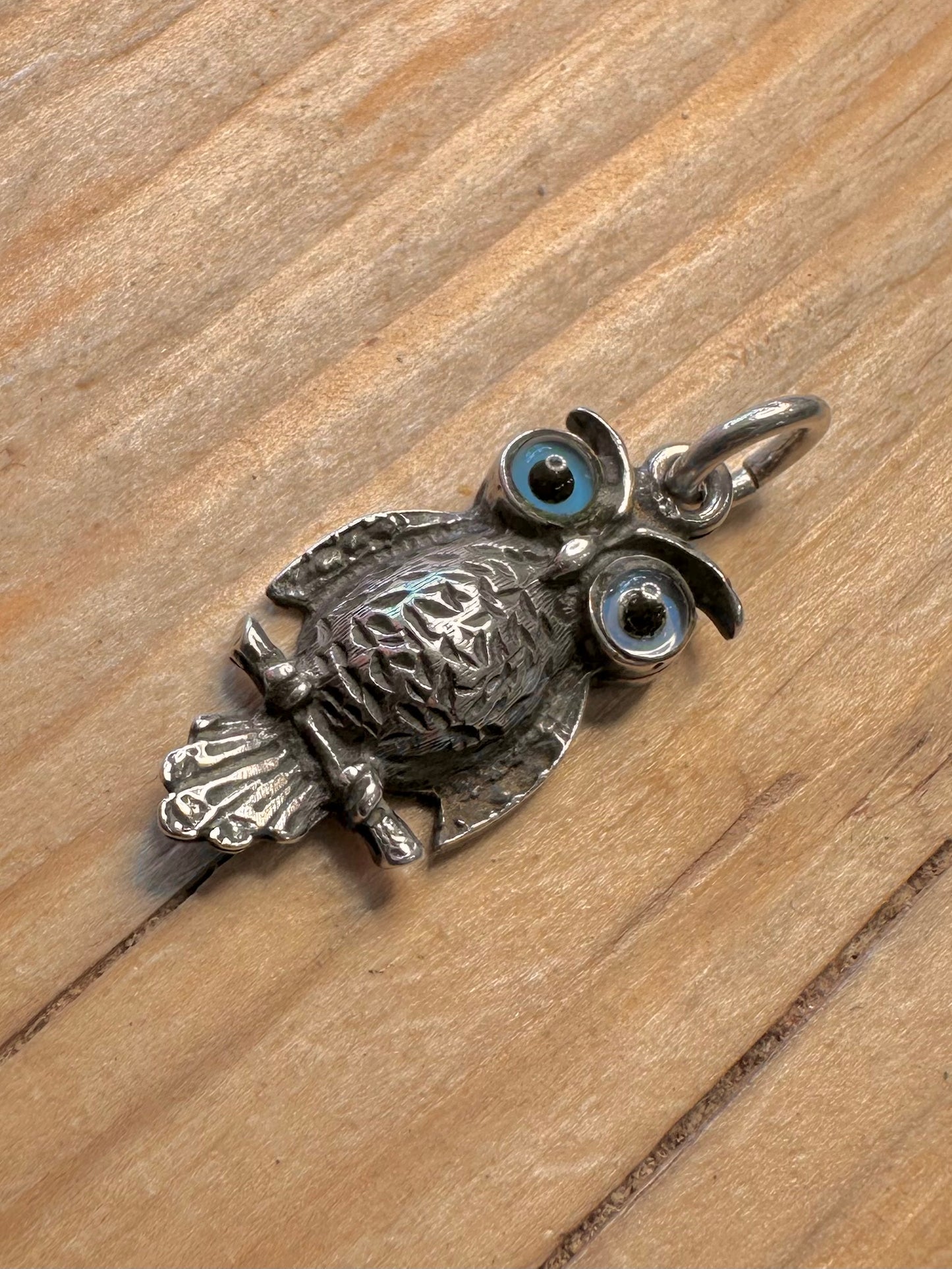 Vintage Owl Blue Eyes 925 Silver Pendant