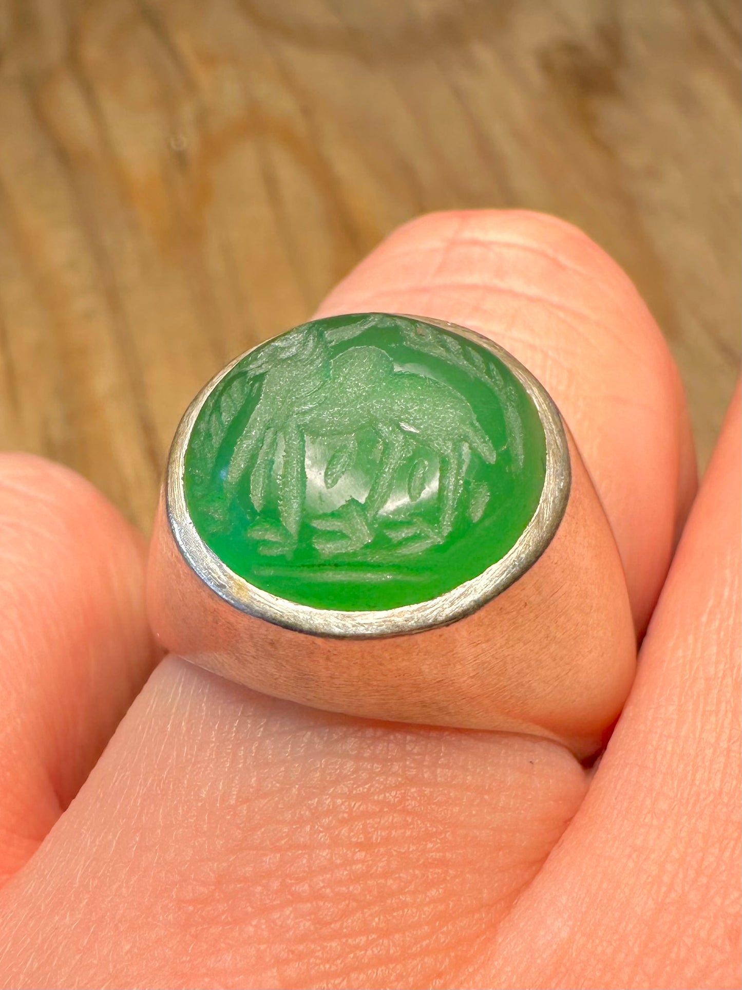 Vintage Animal Chrysoprase Intaglio Signet 925 Sterling Silver Size Q1/2 Ring